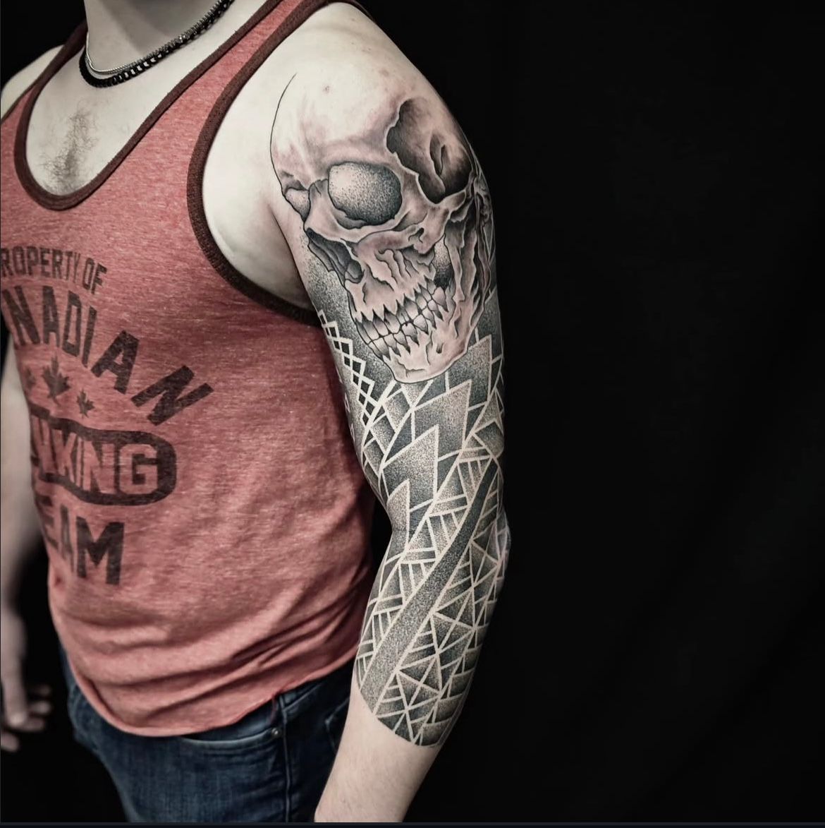 Skull and Geometric Dotwork Sleeve by Alex Arnautov at Black Gold Tattoo Co in Edmonton Alberta Canada