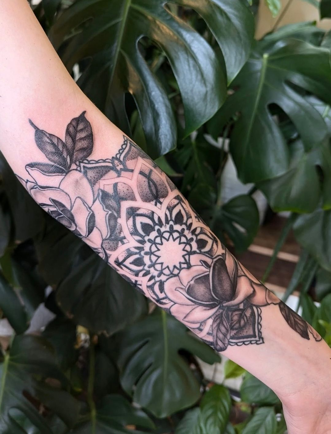Mandala and Floral Tattoo by Amber Strange at Silver Ghost Tattoo in Edmonton Alberta Canada