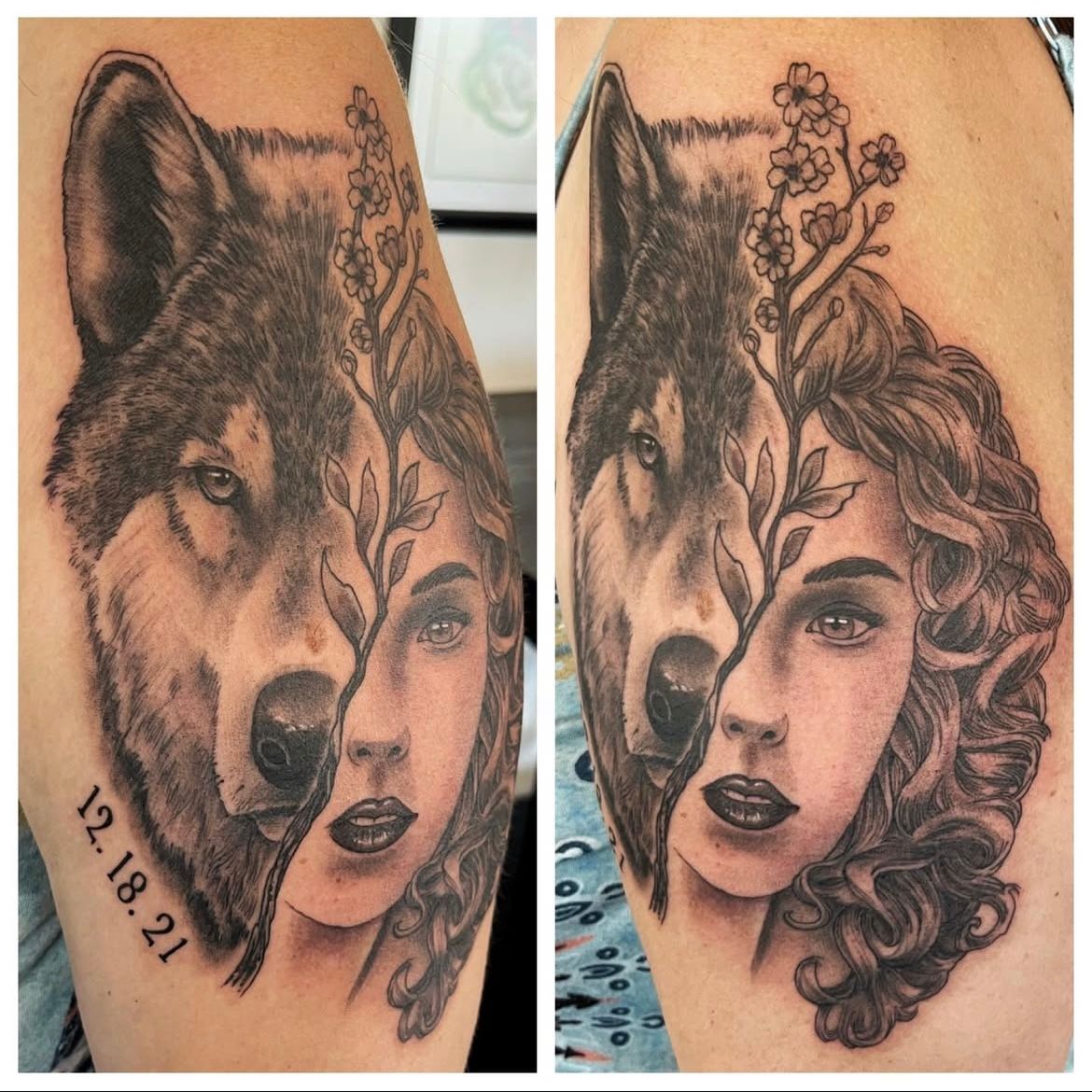 Woman and Wolf Tattoo by Chad Lavers at Crimson Empire Tattoo in Edmonton Alberta Canada