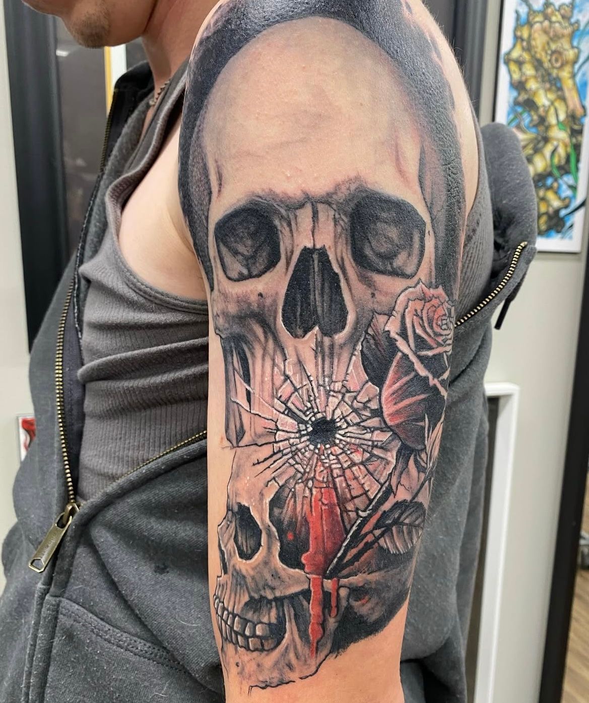 Skull and Roses Tattoo by Chris Labrenz at Black Gold Tattoo Co in Edmonton Alberta Canada