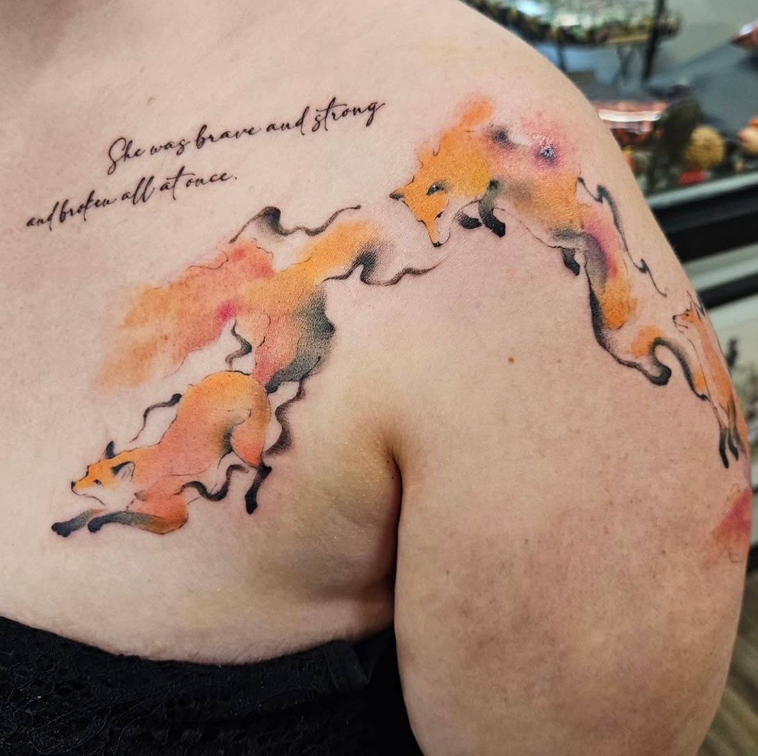 Watercolour Foxes Tattoo by Ian Wang at Black Gold Tattoo Co in Edmonton Alberta Canada