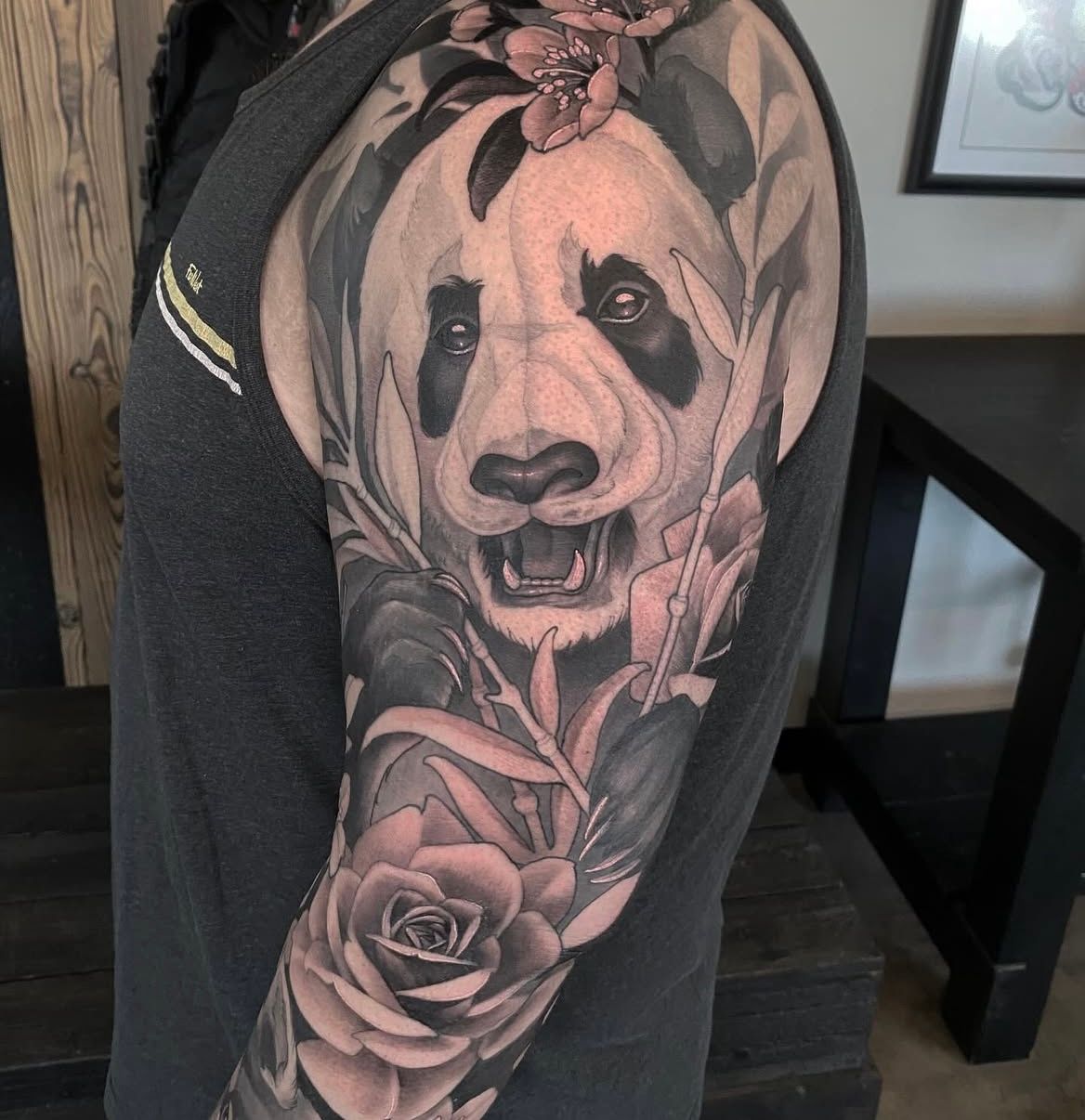 Panda and Roses Tattoo by Sasha Day at Crimson Empire Tattoo in Edmonton Alberta Canada