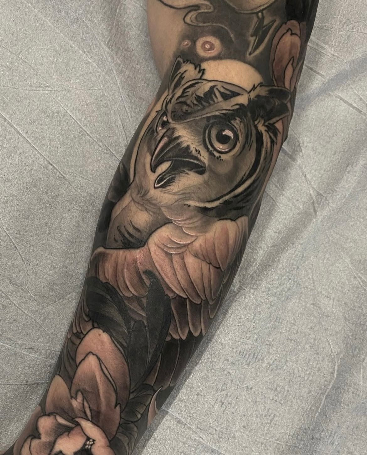Owl Tattoo by Sasha Day at Crimson Empire Tattoo in Edmonton Alberta Canada