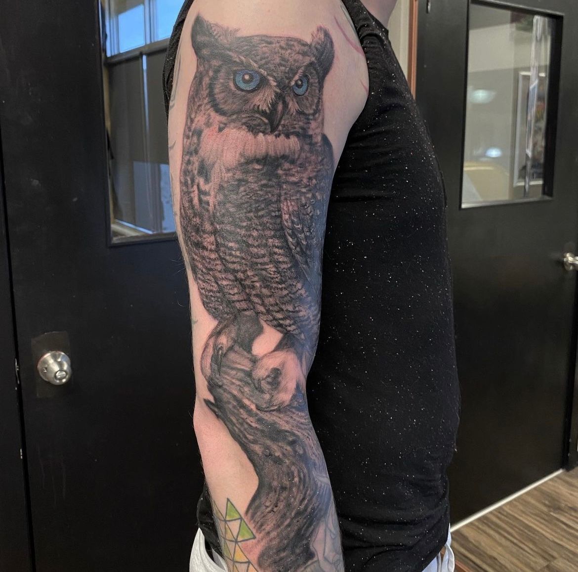 Owl Tattoo by Steve Hayes at Black Gold Tattoo Co in Edmonton Alberta Canada
