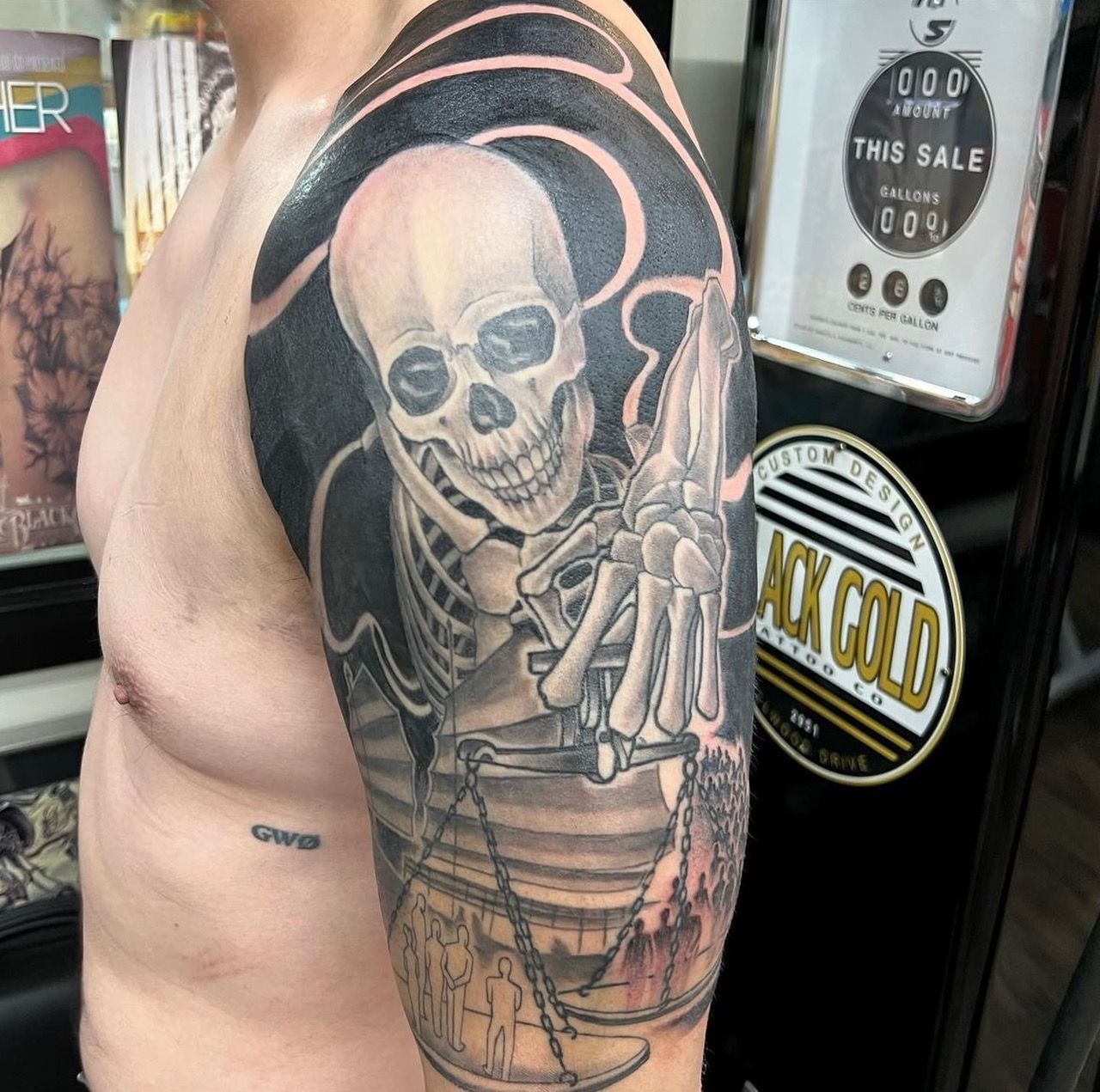 Scales of Death Tattoo by Trevor Pelletier at Black Gold Tattoo Co in Edmonton Alberta Canada
