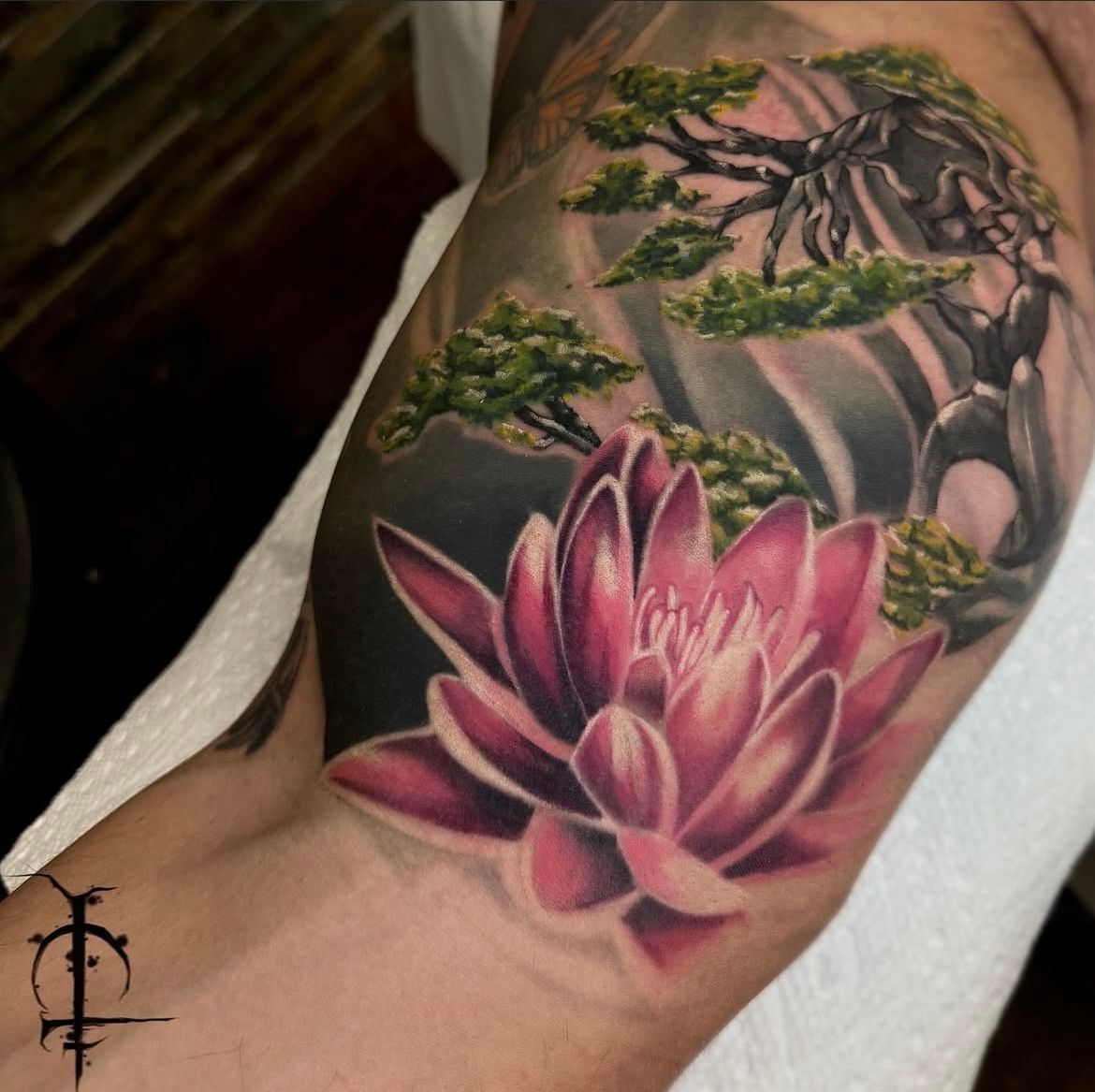 Lotus and Bonsai Tree Tattoo by Val at Silver Ghost Tattoo in Edmonton Alberta Canada