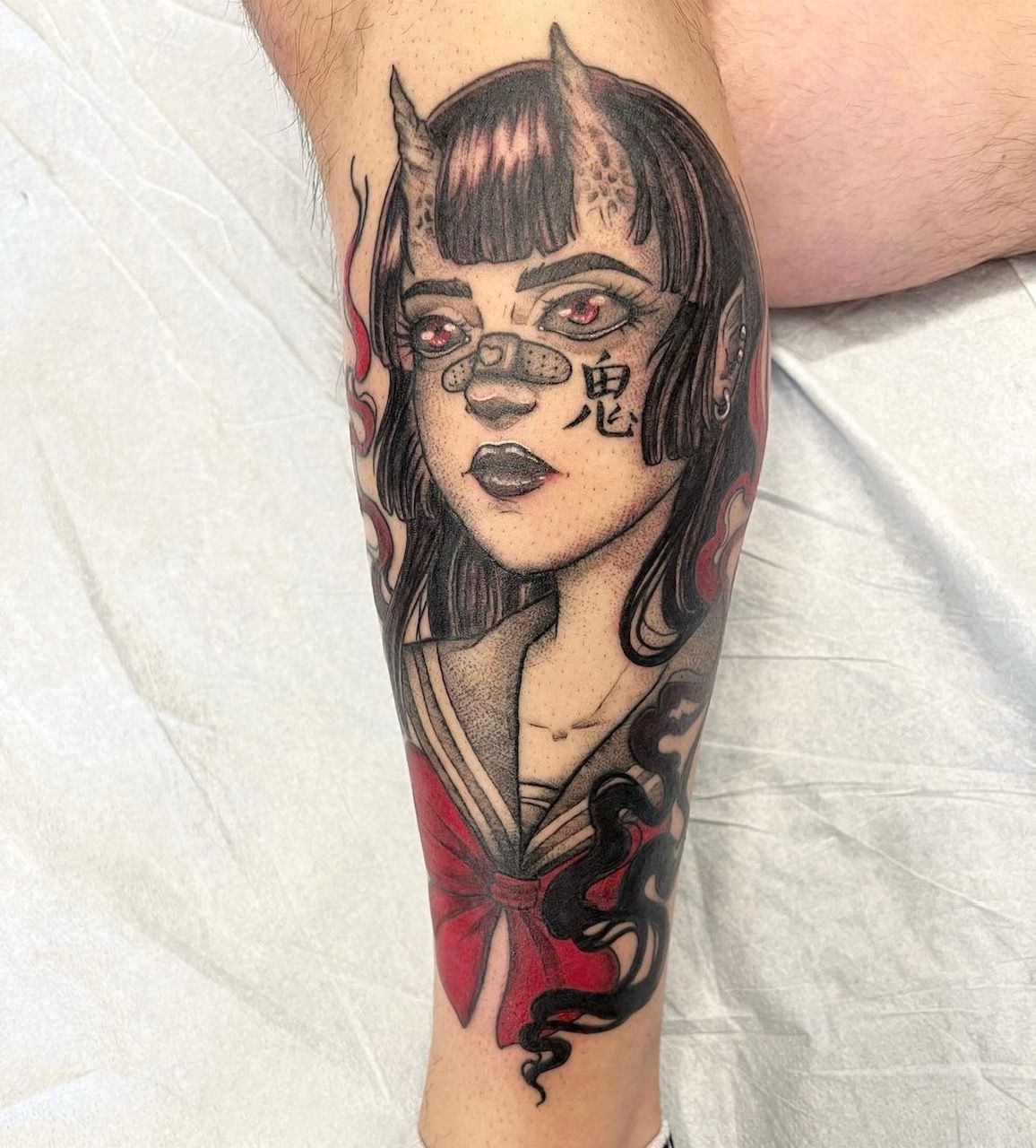 Demon School Girl Tattoo by Vanessa Spezowka at Crimson Empire Tattoo in Edmonton Alberta Canada