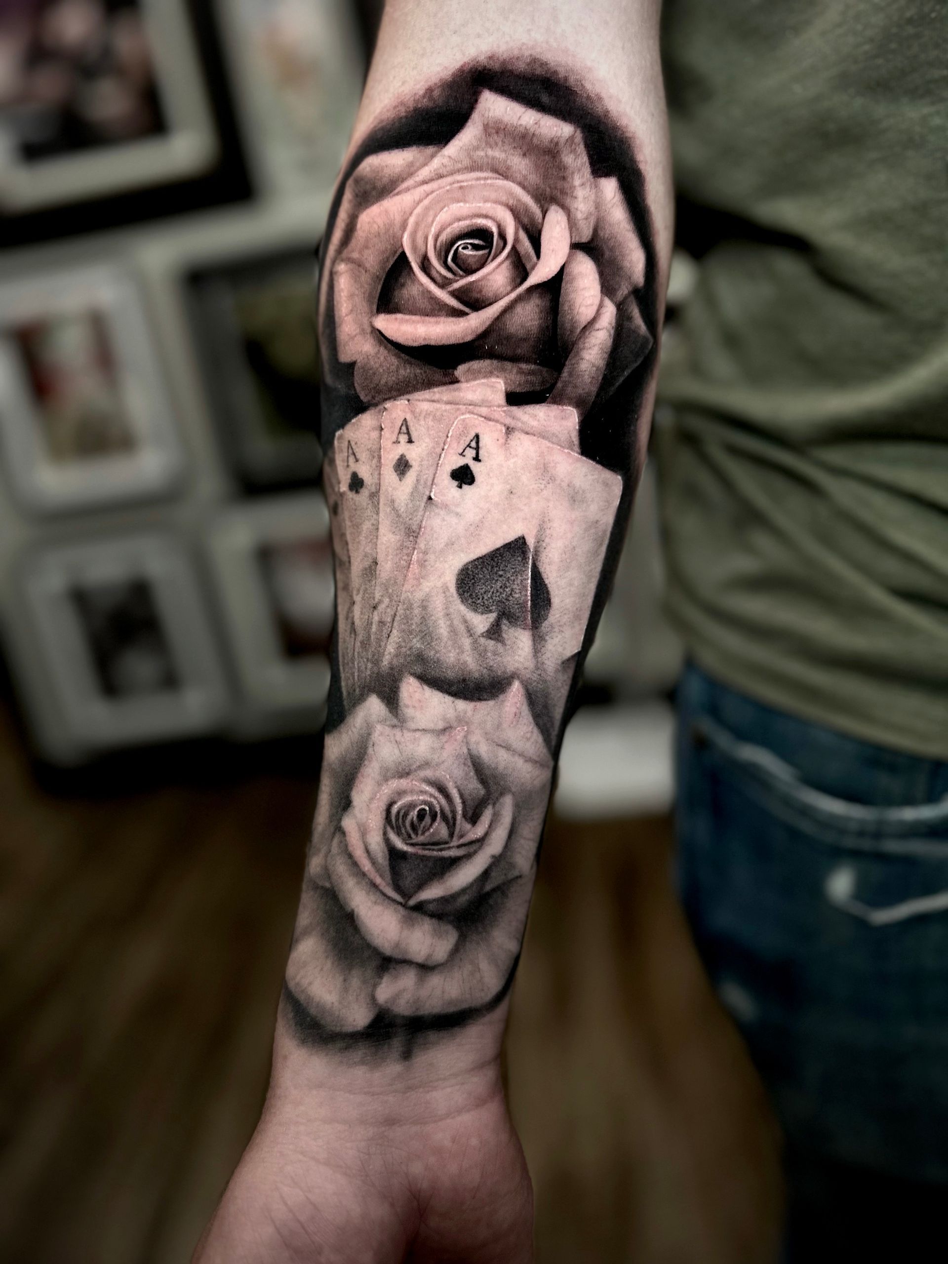 Cards and Roses Tattoo by Jackson Sukhov at Black Gold Tattoo Co in Edmonton Alberta Canada