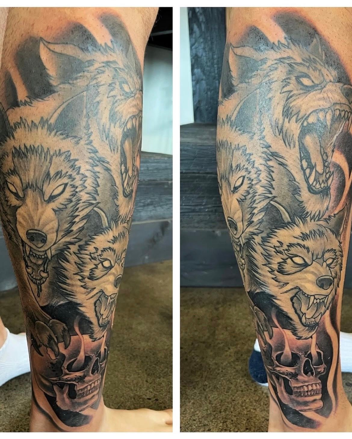 Skull and Wolves Tattoo by Chad Lavers at Crimson Empire Tattoo in Edmonton Alberta Canada