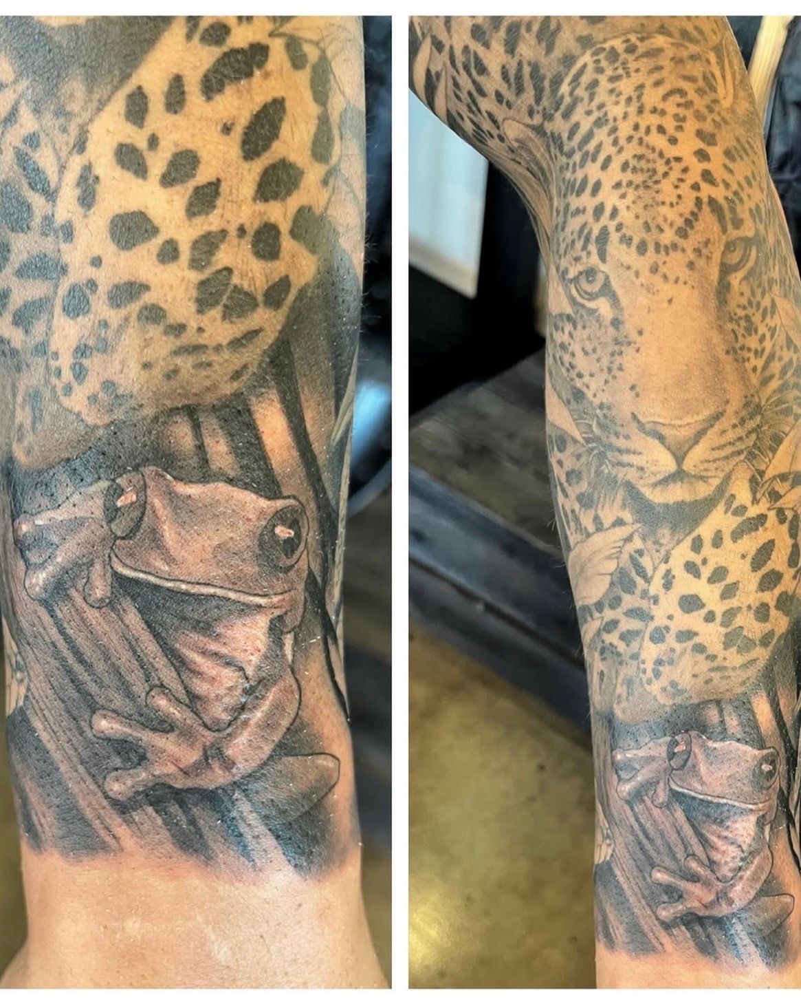 Frog and Cheetah Tattoo by Chad Lavers at Crimson Empire Tattoo in Edmonton Alberta Canada