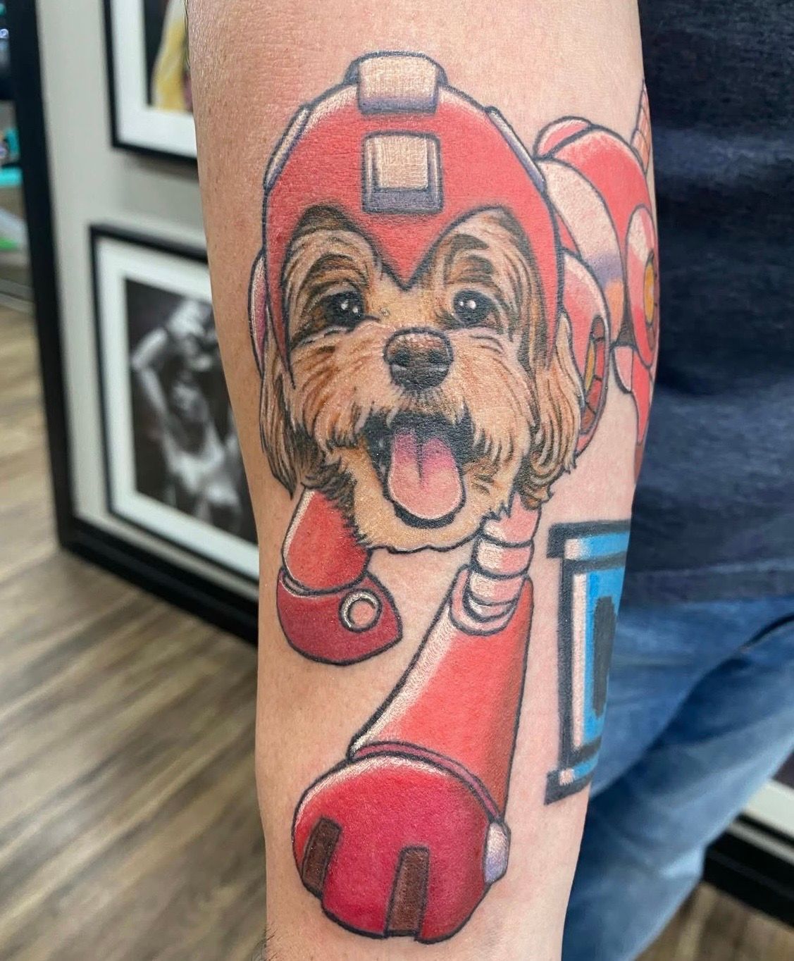 Megaman Dog Memorial Tattoo by Chris Labrenz at Black Gold Tattoo Co in Edmonton Alberta Canada