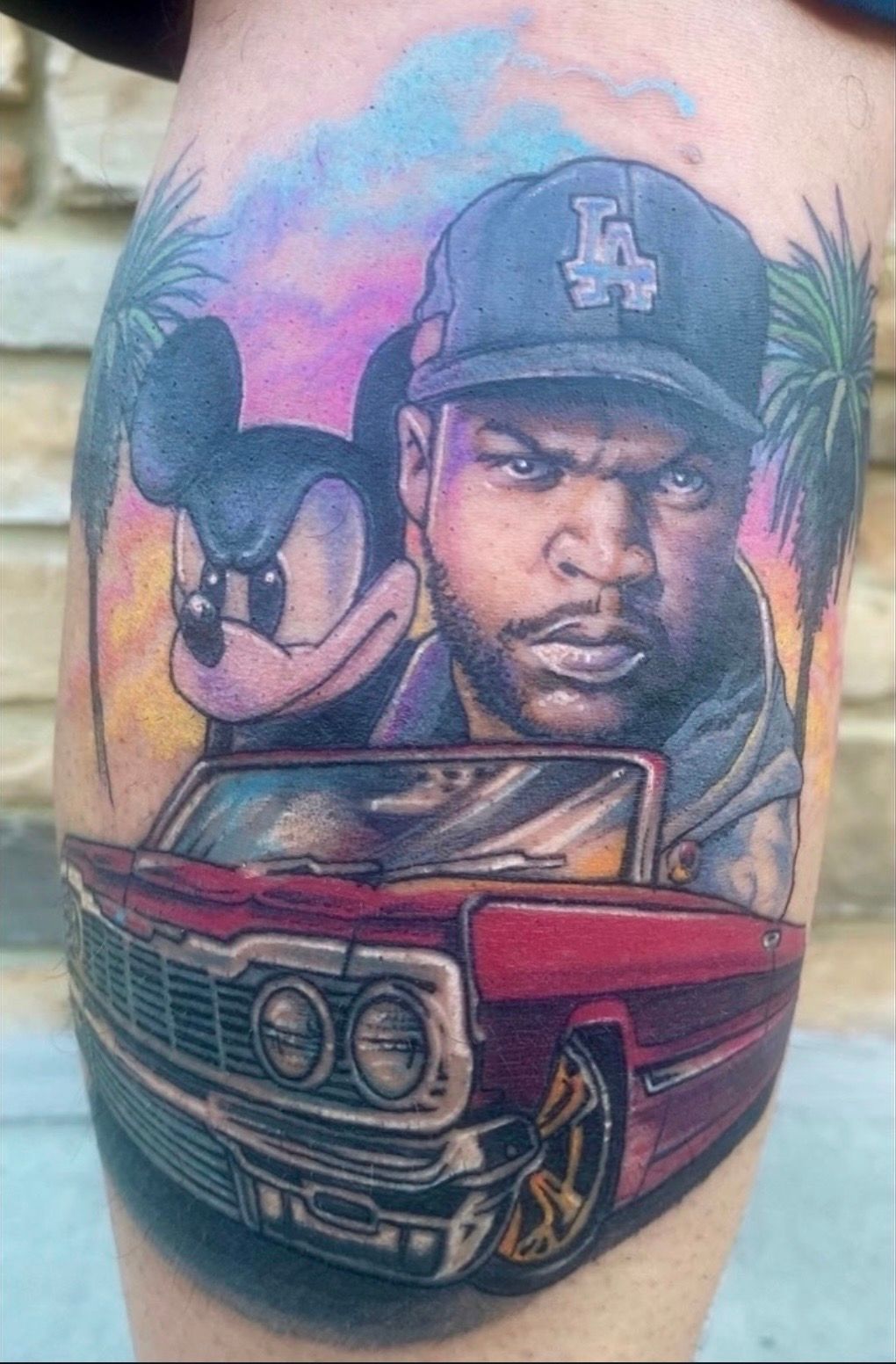 Ice Cube and Mickey Mouse Tattoo by Chris Labrenz at Black Gold Tattoo Co in Edmonton Alberta Canada