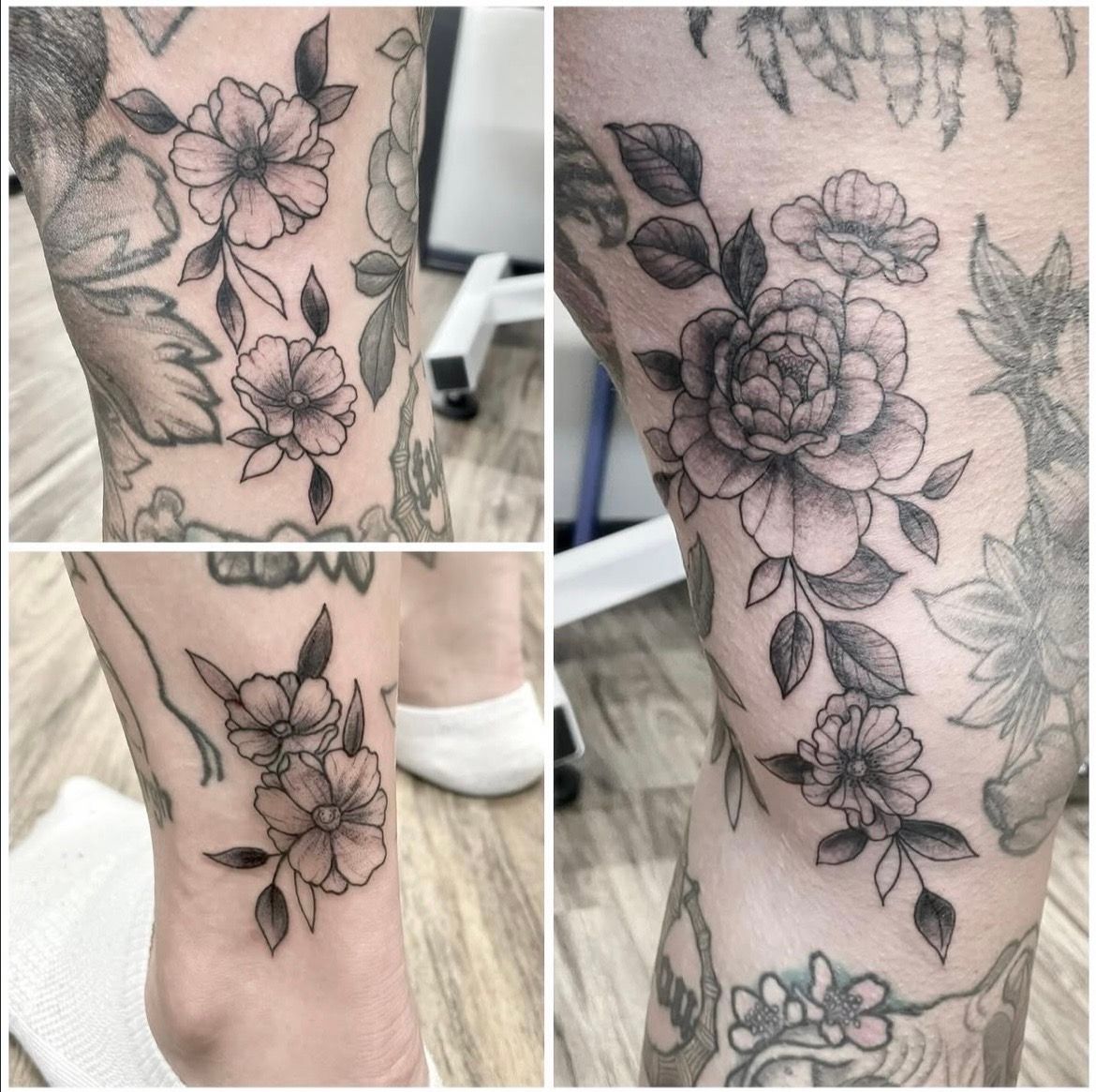 Floral Gap Filler Tattoos by Jess Alther at Black Gold Tattoo Co in Edmonton Alberta Canada
