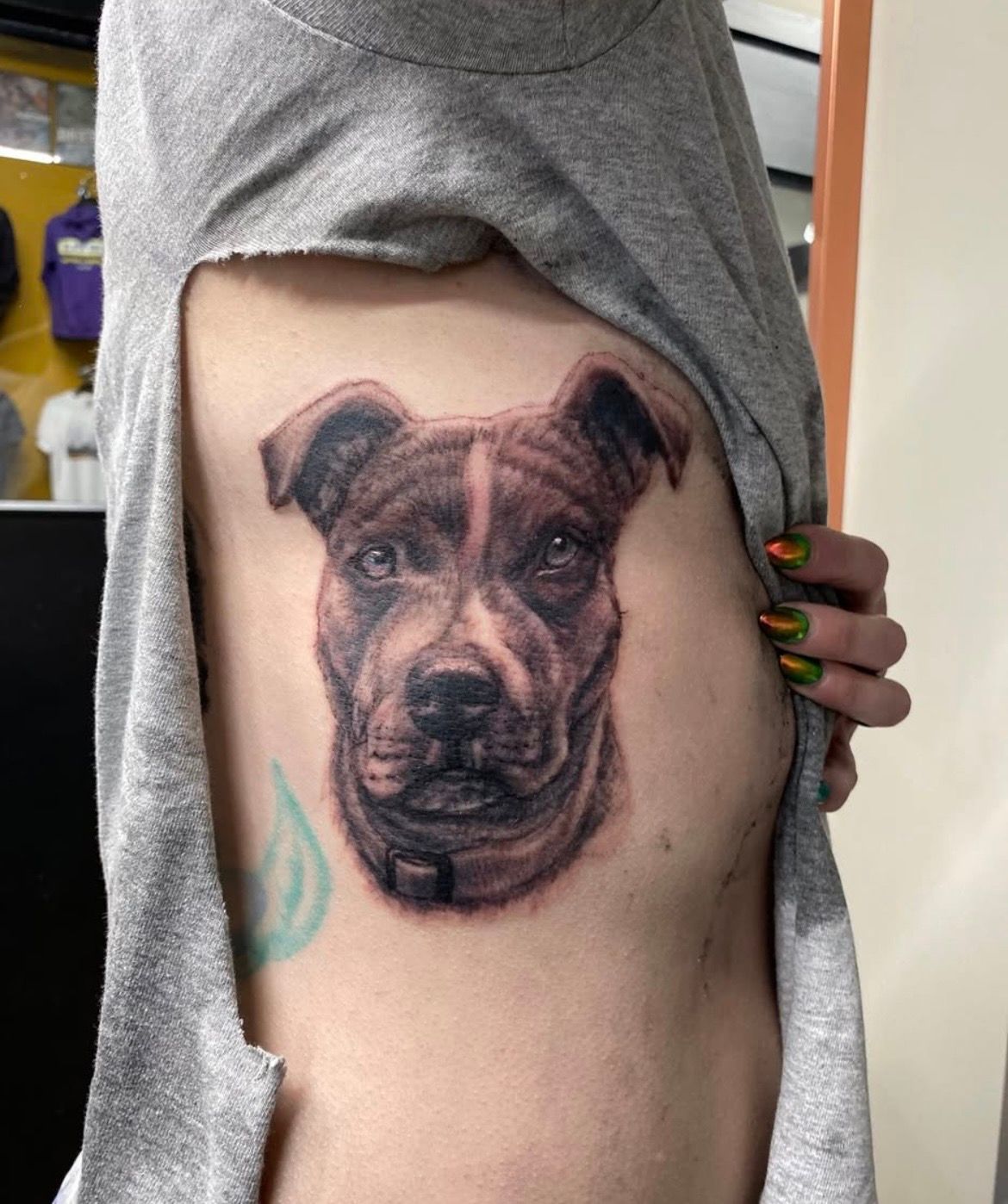 Dog Portrait Tattoo by Steve Hayes at Black Gold Tattoo Co in Edmonton Alberta Canada