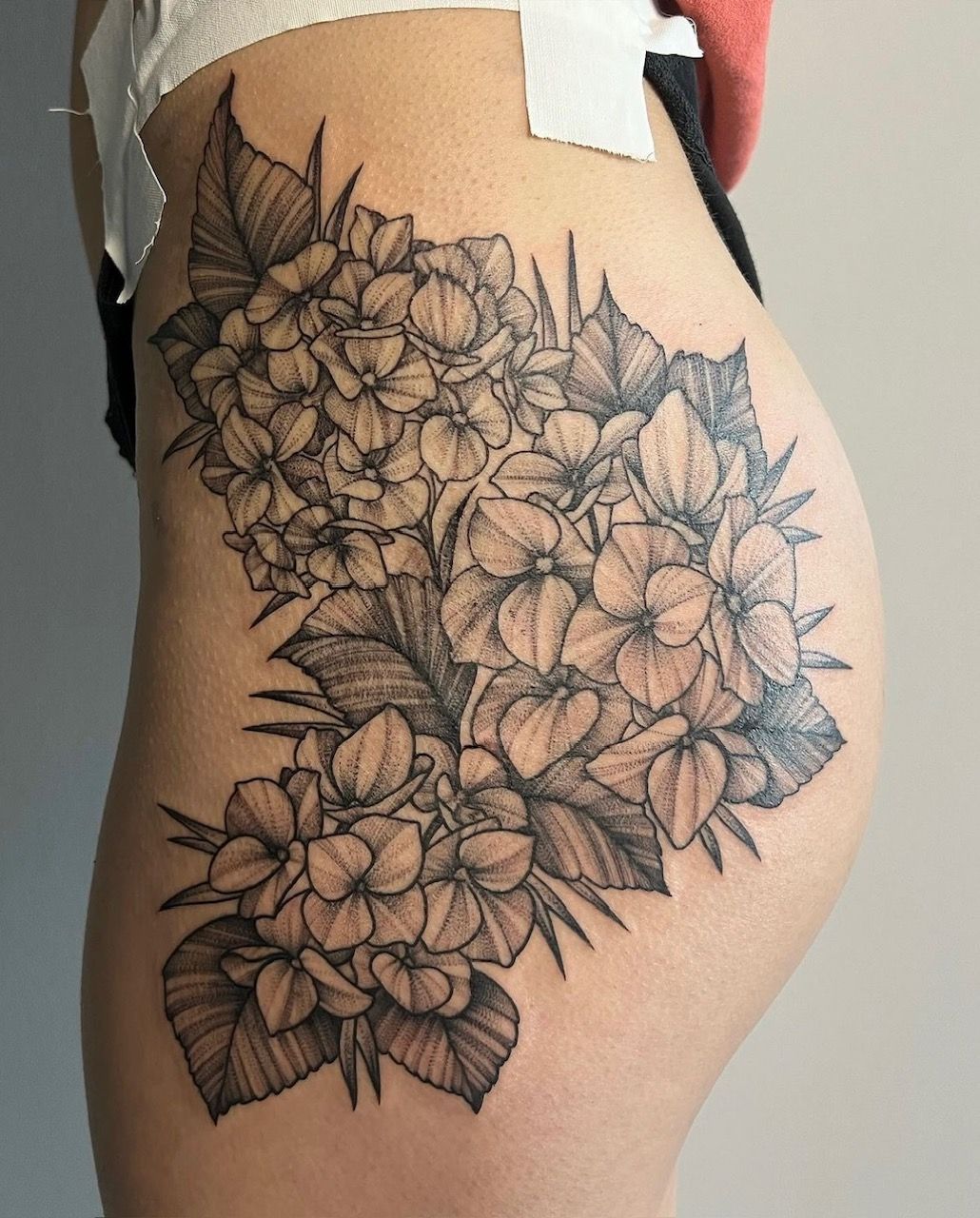 Hydrangeas Tattoo by Adrienne Alexander at Silver Ghost Tattoo in Edmonton Alberta Canada