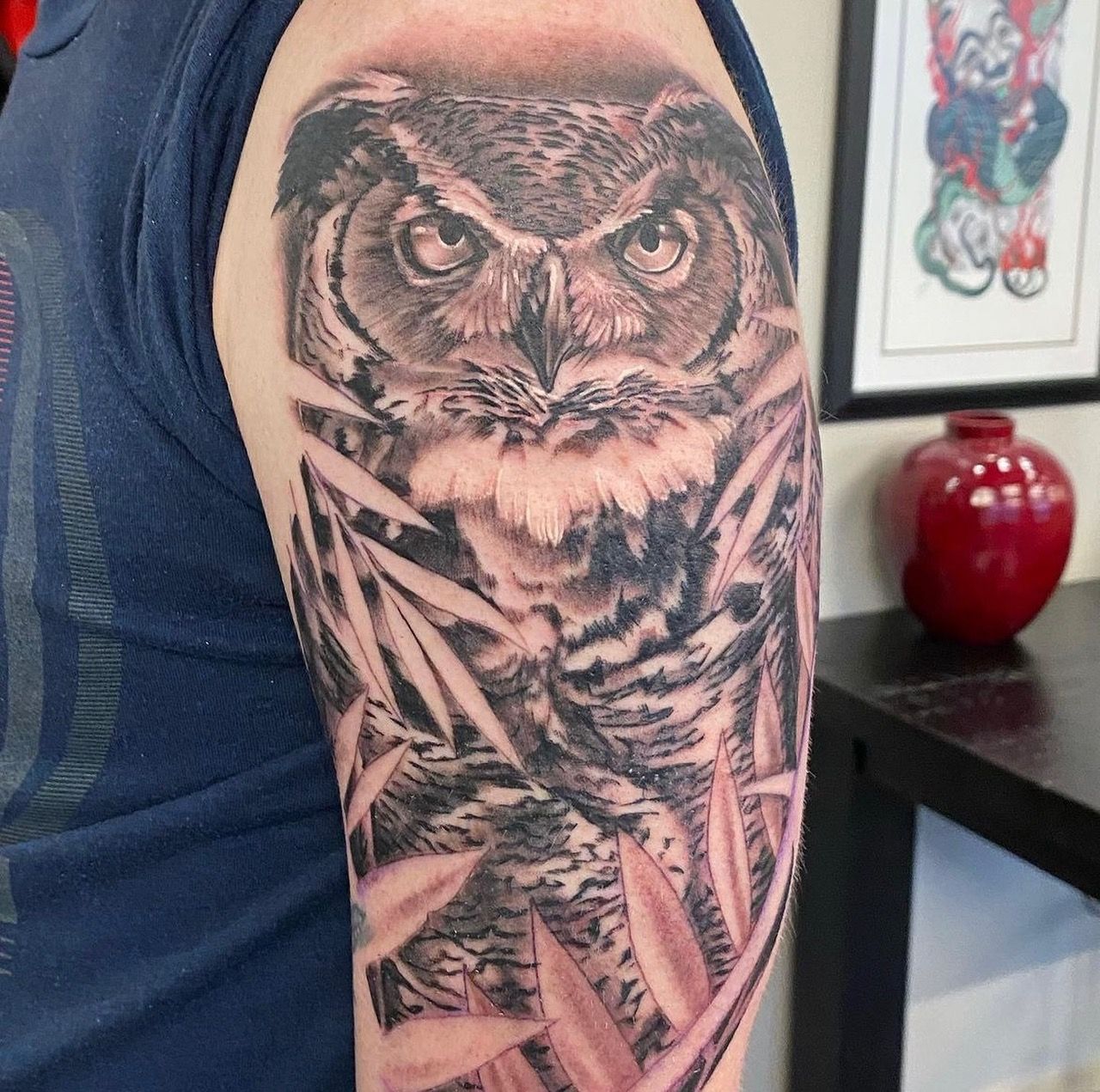 Owl Tattoo by Dale Moostoos at Crimson Empire Tattoo in Edmonton Alberta Canada