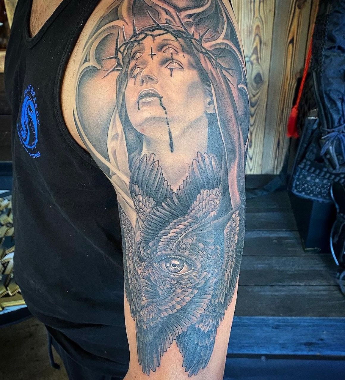 Mary and Seraph Tattoo by Dale Moostoos at Crimson Empire Tattoo in Edmonton Alberta Canada