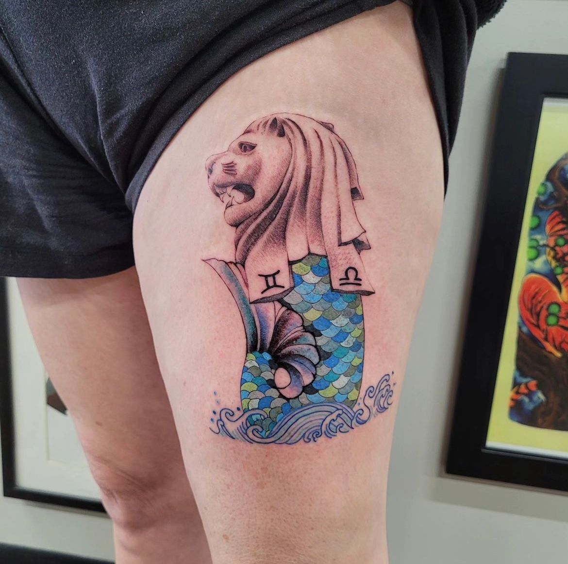 Singapore Lion Statue Tattoo by Ian Wang at Black Gold Tattoo Co in Edmonton Alberta Canada