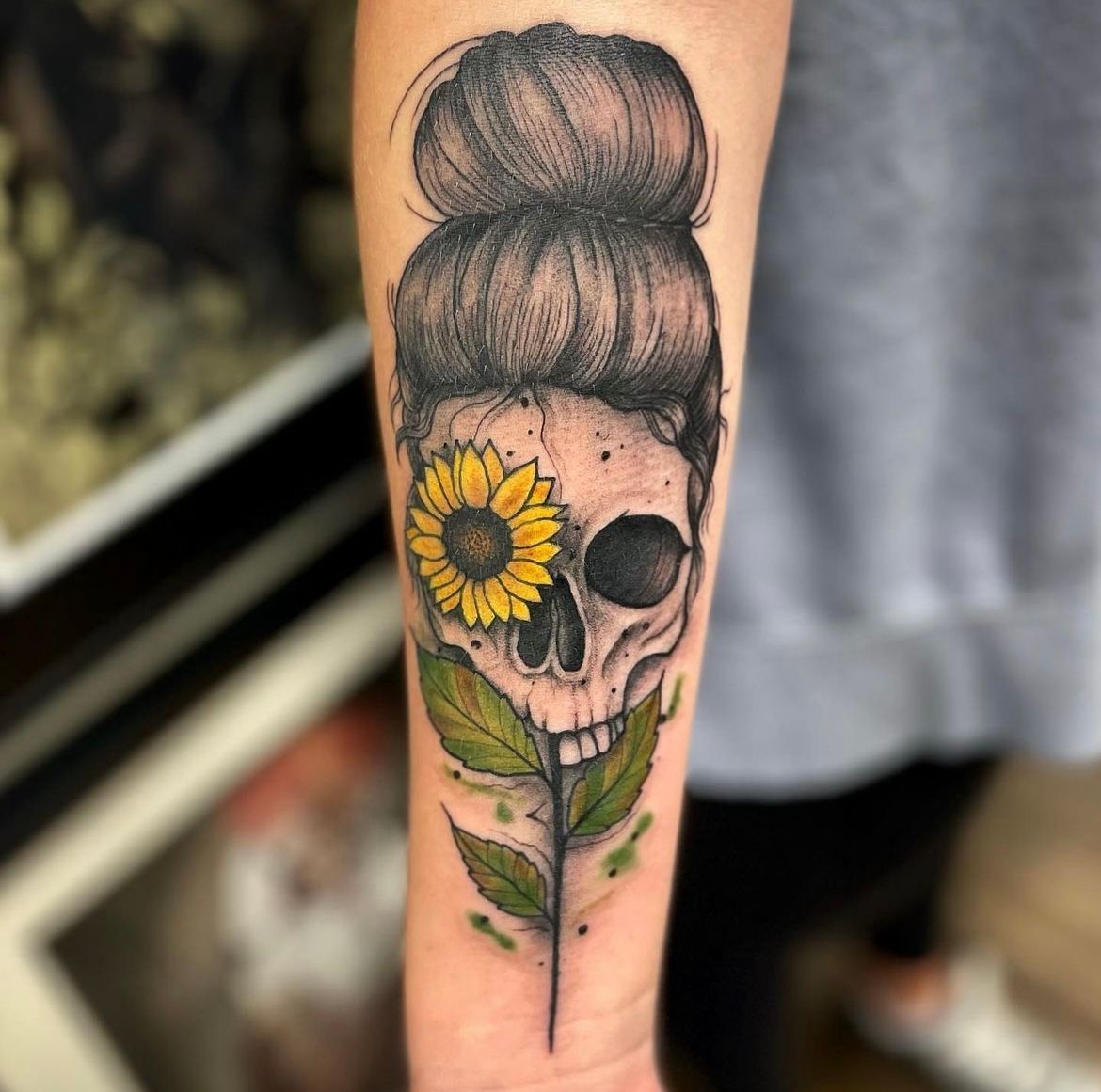 Sunflower and Skull Tattoo by Jess Alther at Black Gold Tattoo Co in Edmonton Alberta Canada