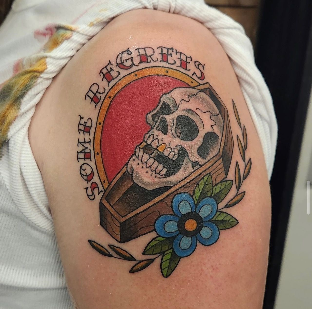 Skull and Coffin Tattoo by Sheila Anderson at Crimson Empire Tattoo in Edmonton Alberta Canada
