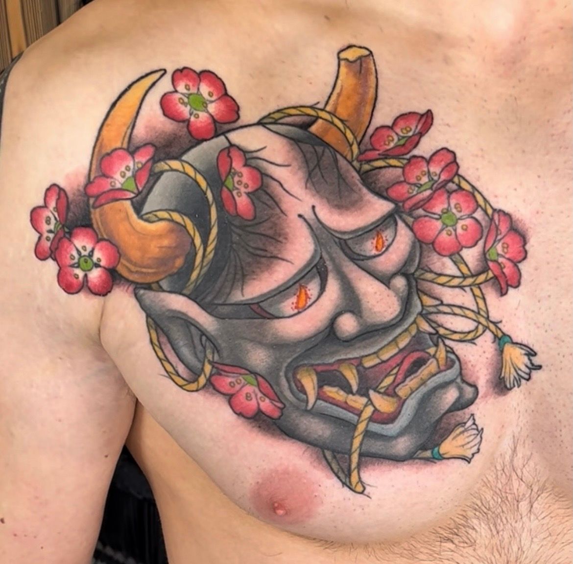 Hannya Chest Panel Tattoo by Curt Semeniuk at Crimson Empire Tattoo in Edmonton Alberta Canada