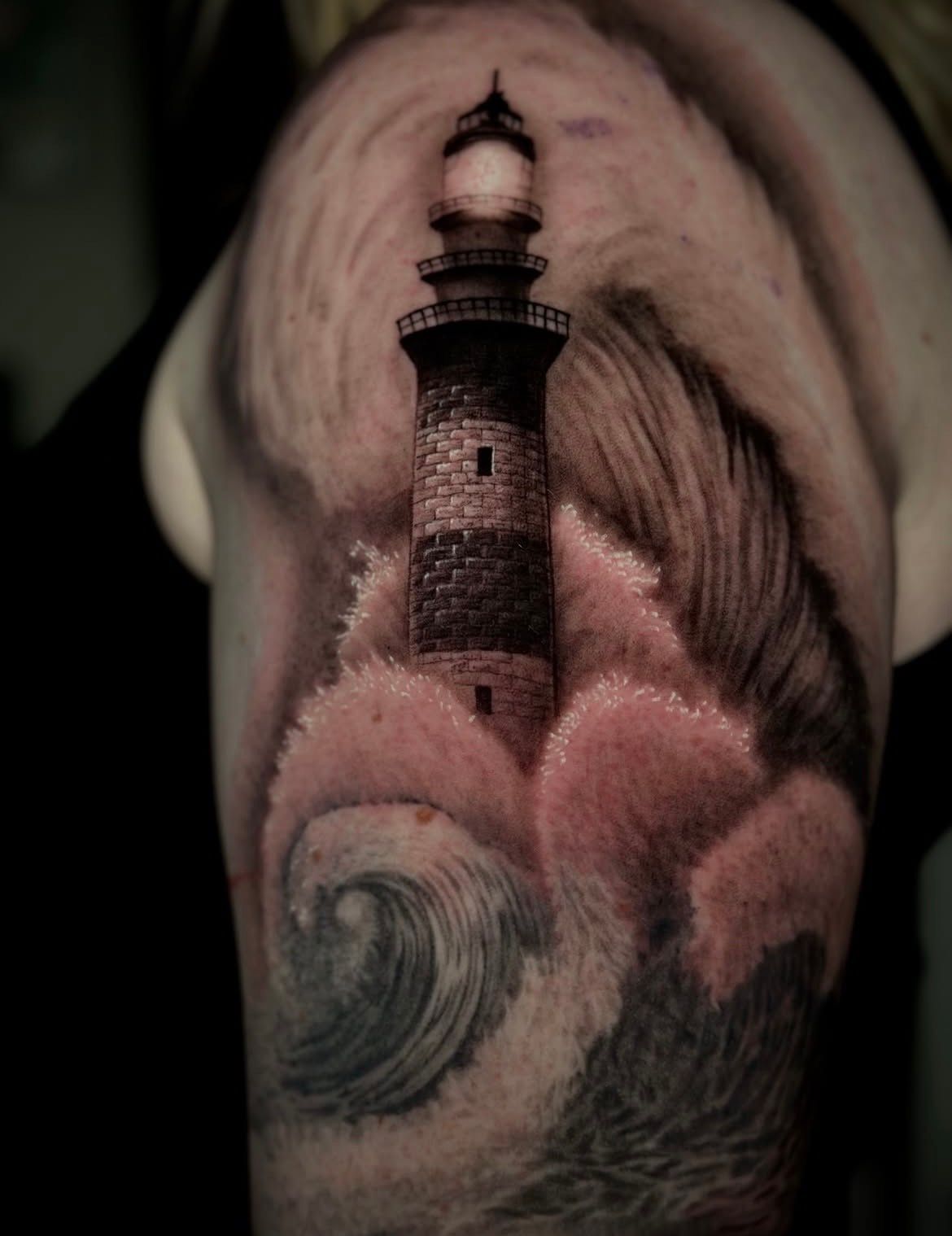 Lighthouse Tattoo by Jackson Sukhov at Black Gold Tattoo Co in Edmonton Alberta Canada