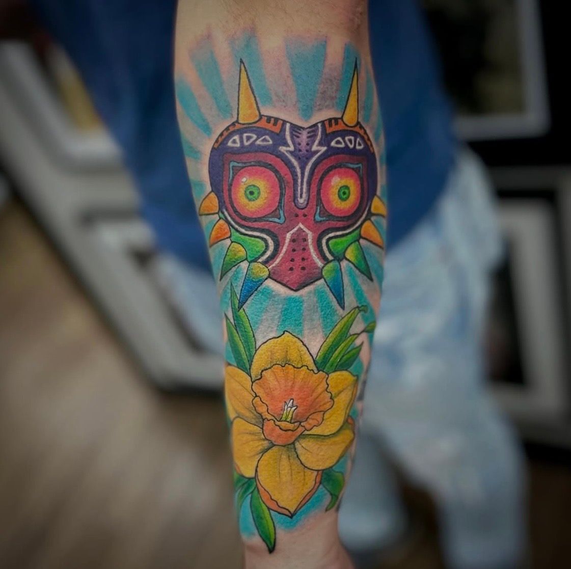 Majoras Mask Tattoo by Jess Alther at Black Gold Tattoo Co in Edmonton Alberta Canada