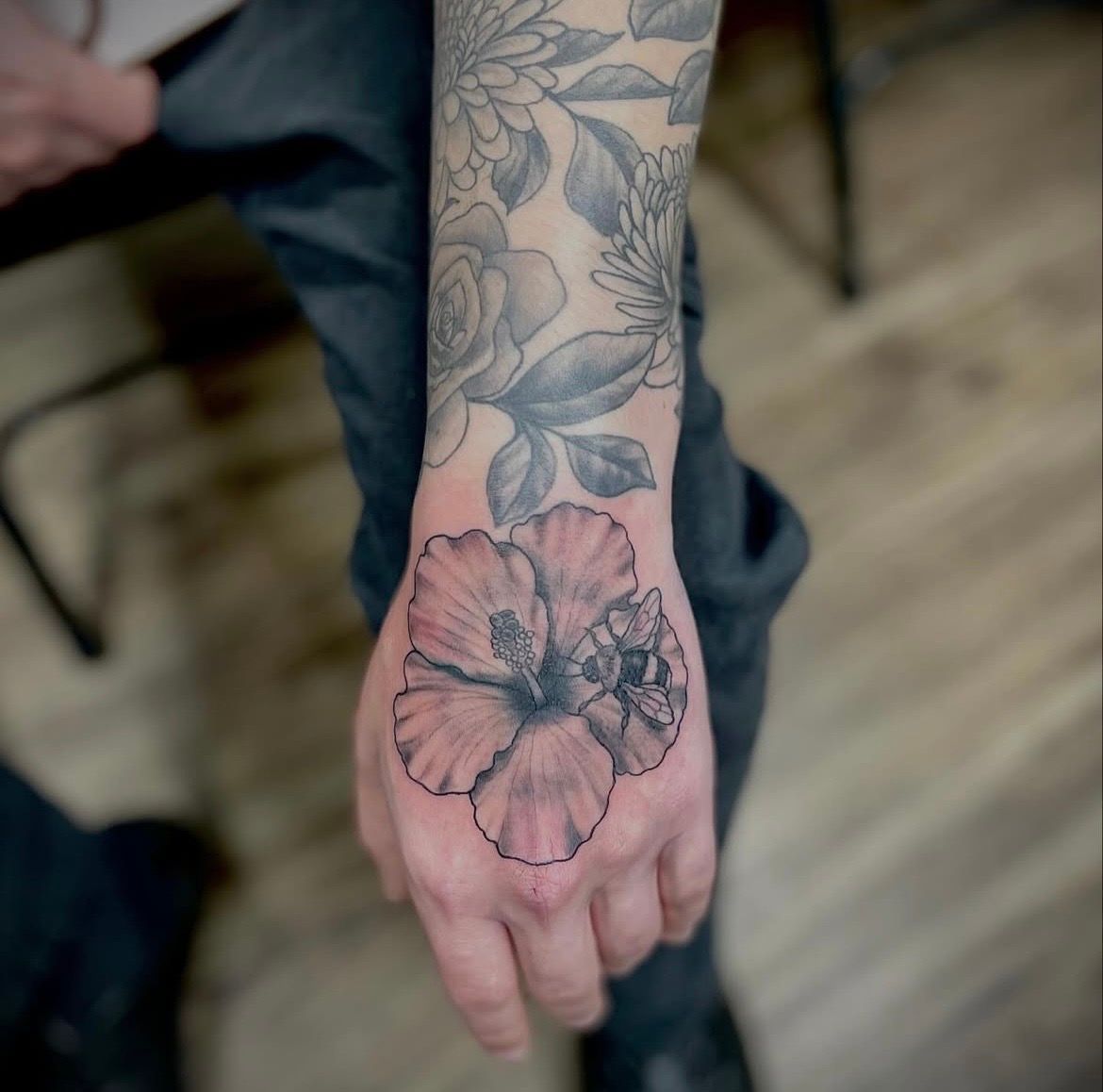 Hibiscus Tattoo by Jess Alther at Black Gold Tattoo Co in Edmonton Alberta Canada