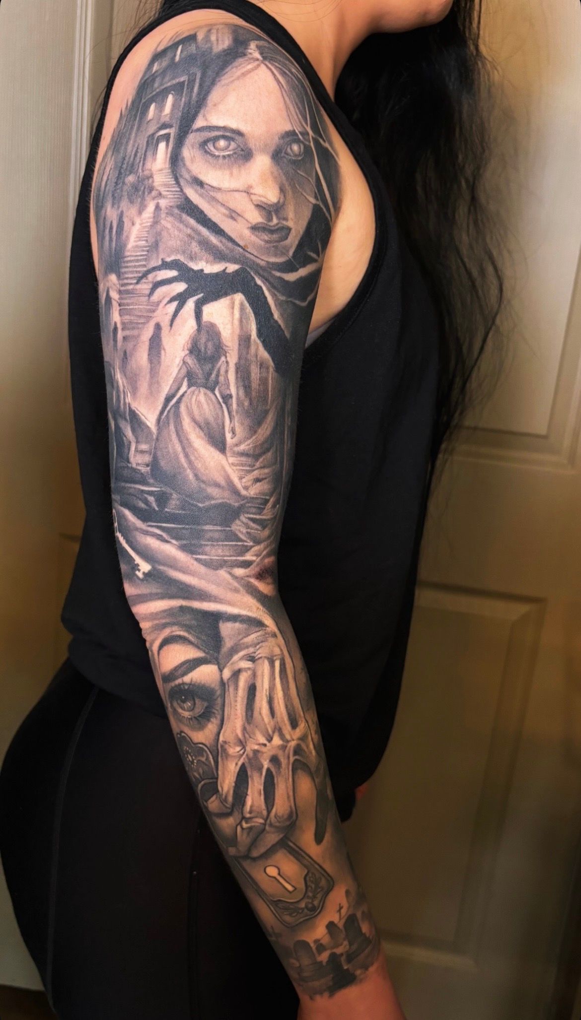 Haunting Sleeve by Sarah Michelle at Crimson Empire Tattoo in Edmonton Alberta Canada