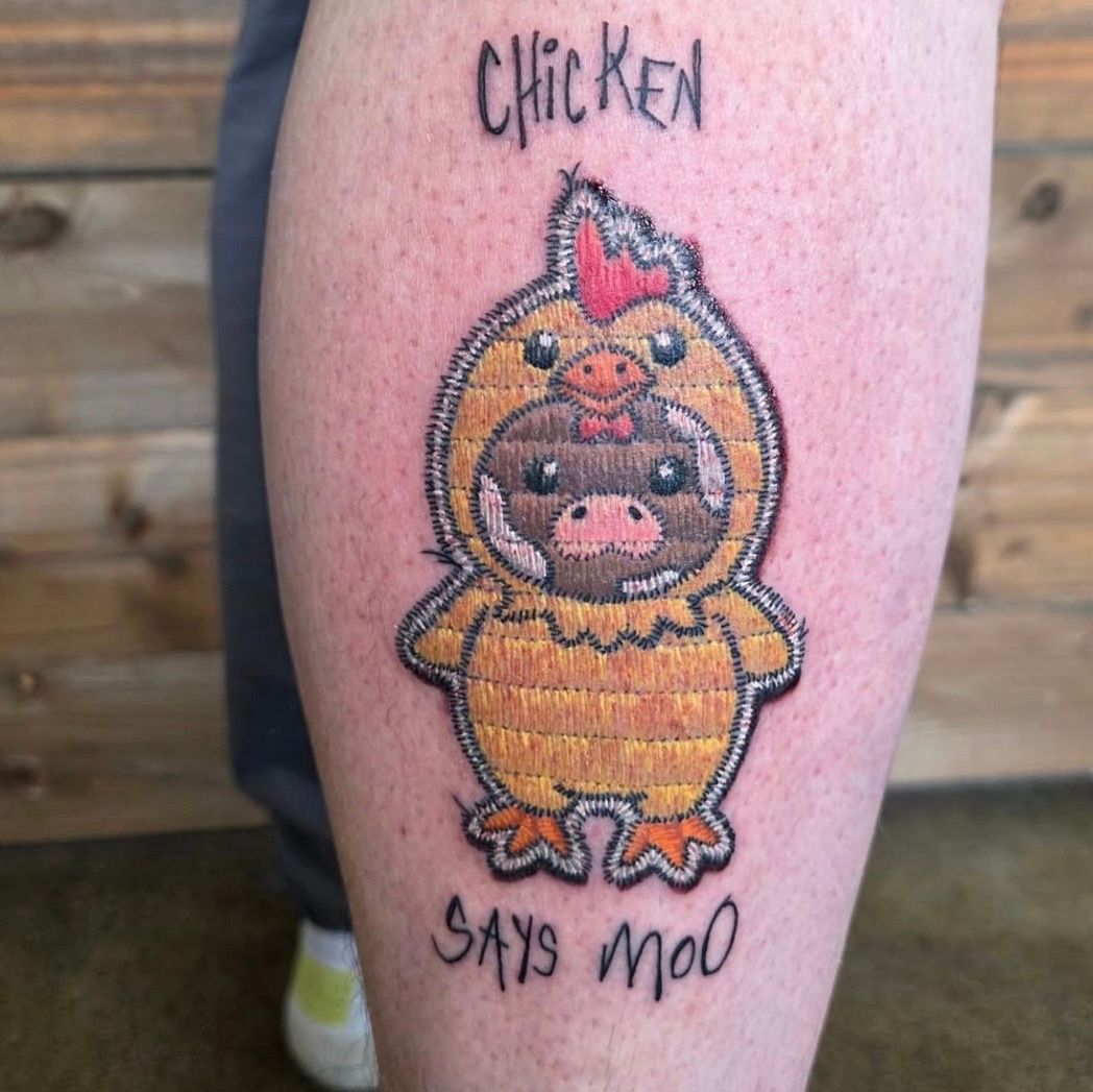 Patch Style Cow Chicken Tattoo by Sheila Anderson at Crimson Empire Tattoo in Edmonton Alberta Canada