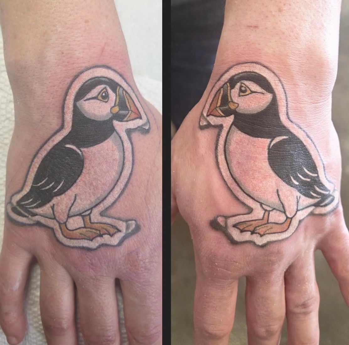 Puffin Sticker Tattoos by Sheila Anderson at Crimson Empire Tattoo in Edmonton Alberta Canada
