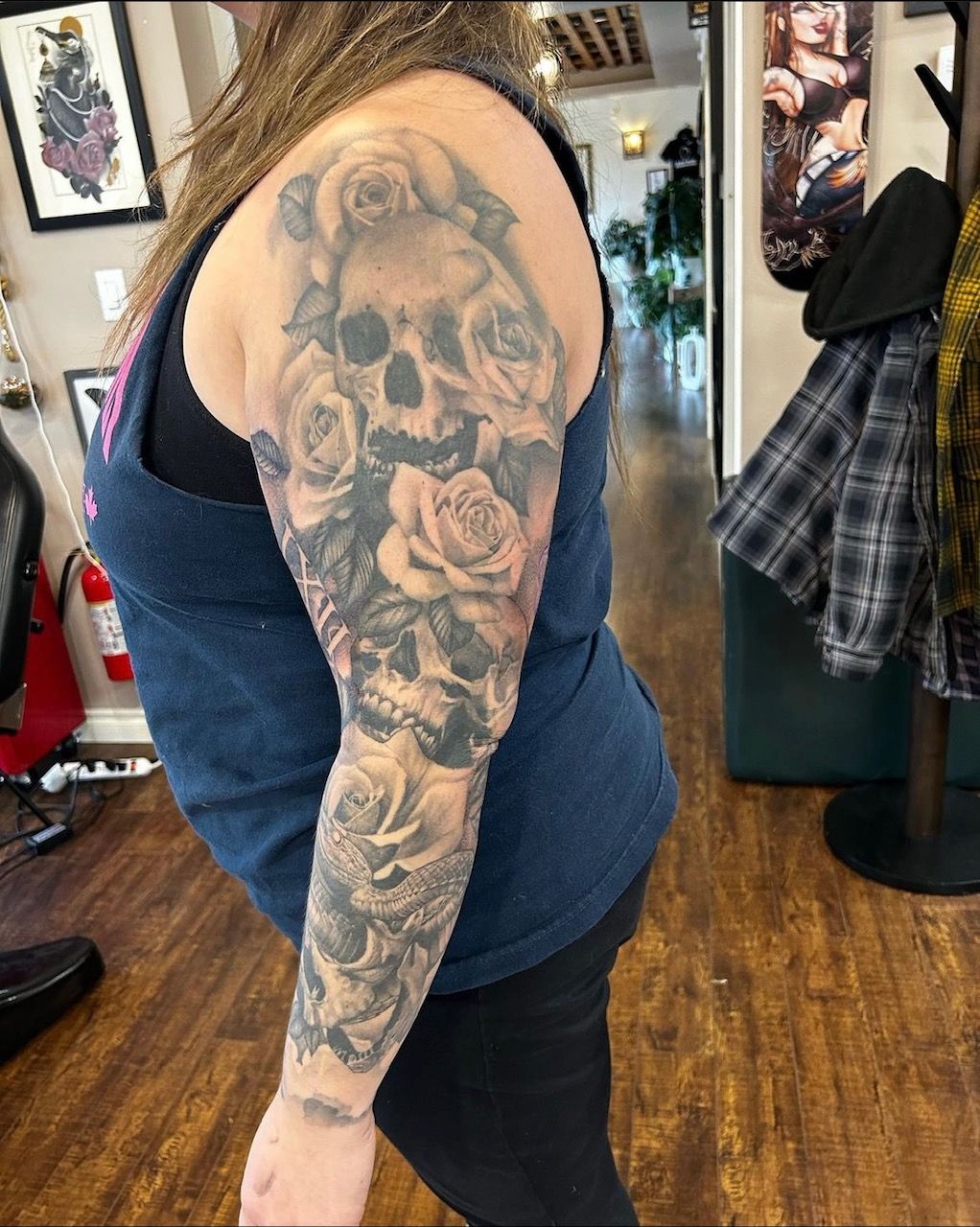 Skull and Roses Sleeve by Alan Coates at Silver Ghost Tattoo in Edmonton Alberta Canada