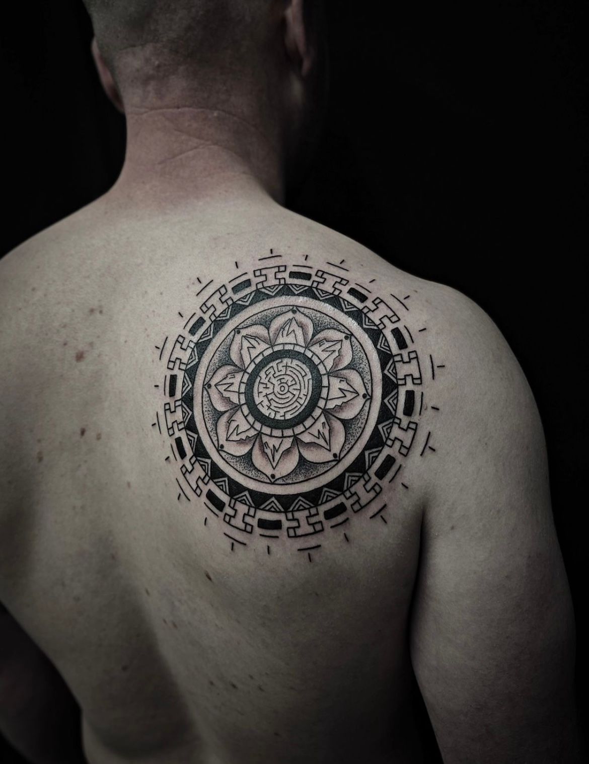 Aztec Mandala Tattoo by Alex Arnautov at Black Gold Tattoo Co in Edmonton Alberta Canada