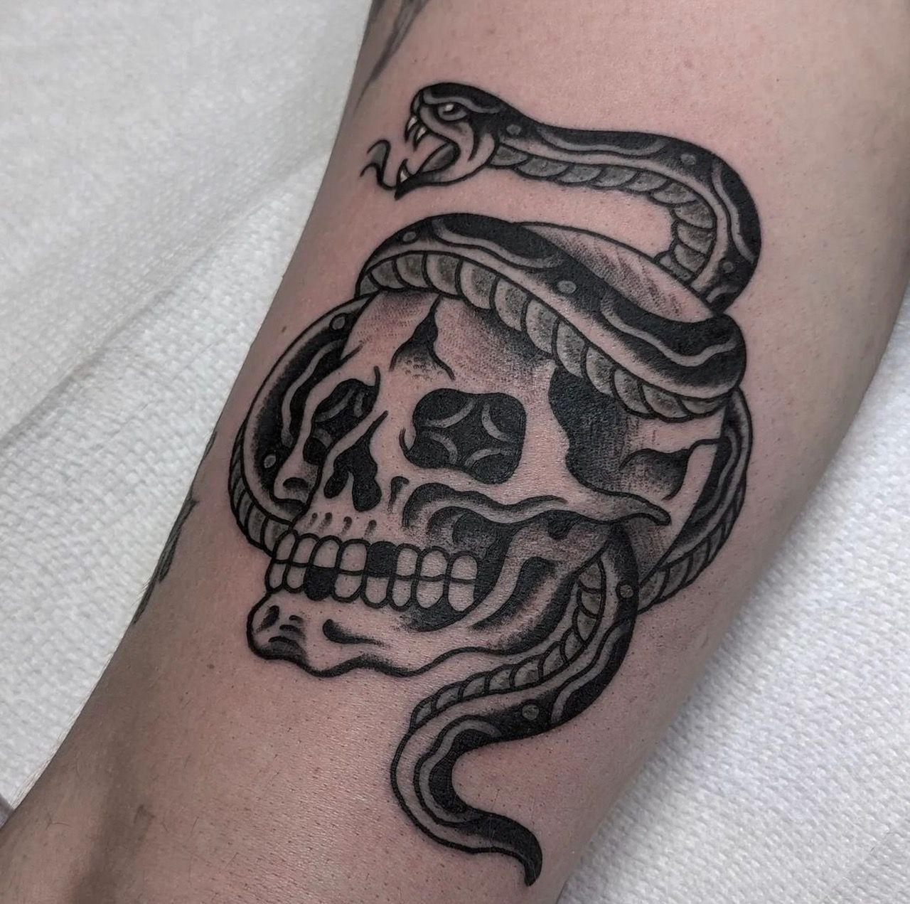 Skull and Snake Tattoo by Chris Benson at Silver Ghost Tattoo in Edmonton Alberta Canada