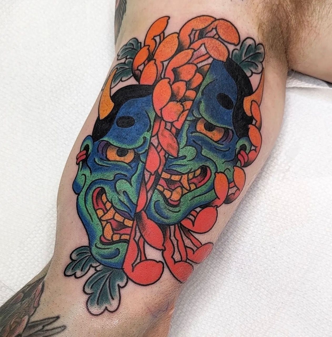 Split Hannya and Chrysanthemum Tattoo by Chris Benson at Silver Ghost Tattoo in Edmonton Alberta Canada