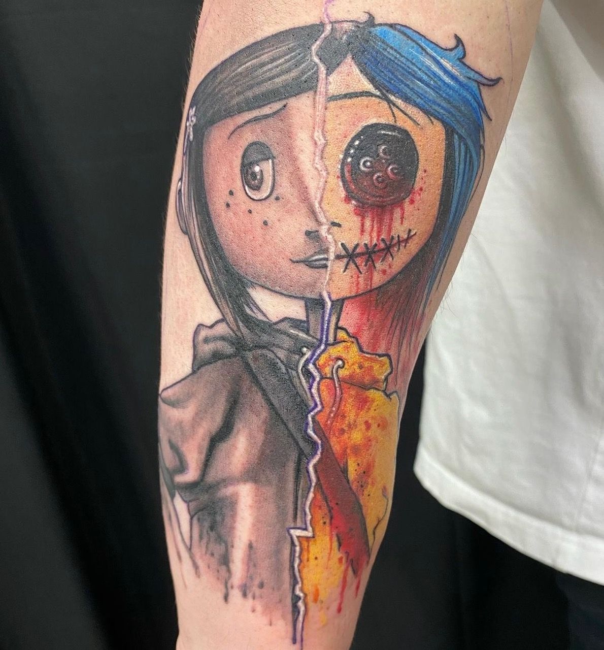Split Coraline Tattoo by Chris Labrenz at Black Gold Tattoo Co in Edmonton Alberta Canada