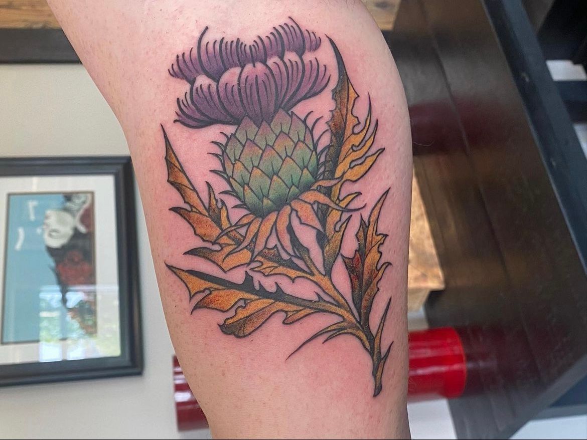 Thistle Tattoo by Dale Moostoos at Crimson Empire Tattoo in Edmonton Alberta Canada