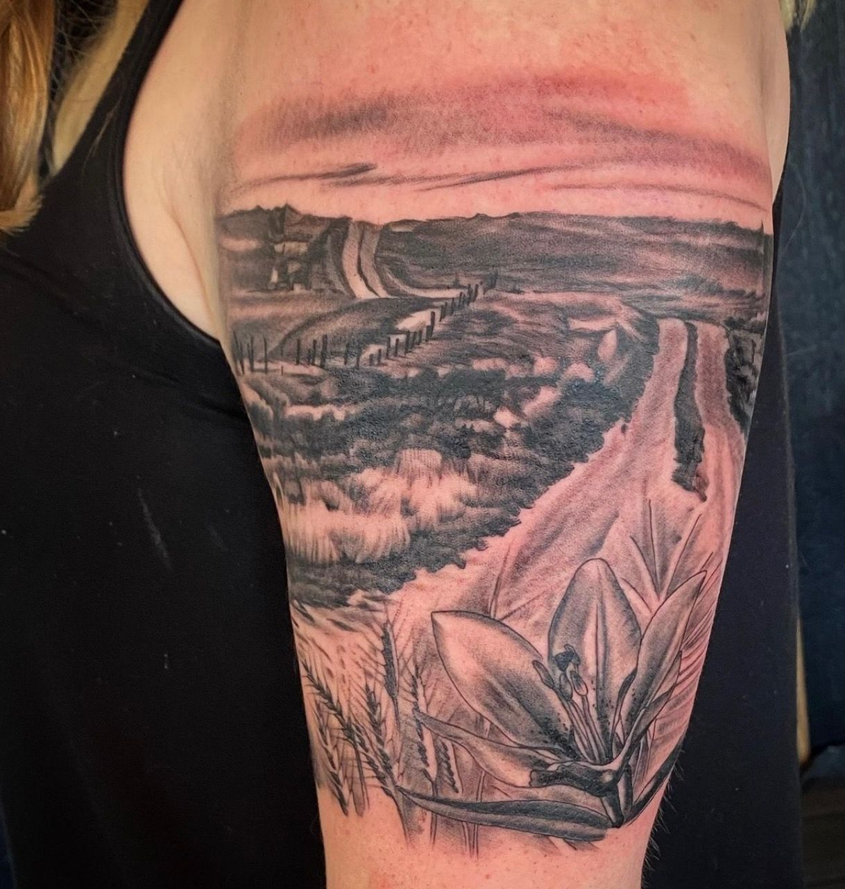 Prairie Field Tattoo by Dale Moostoos at Crimson Empire Tattoo in Edmonton Alberta Canada