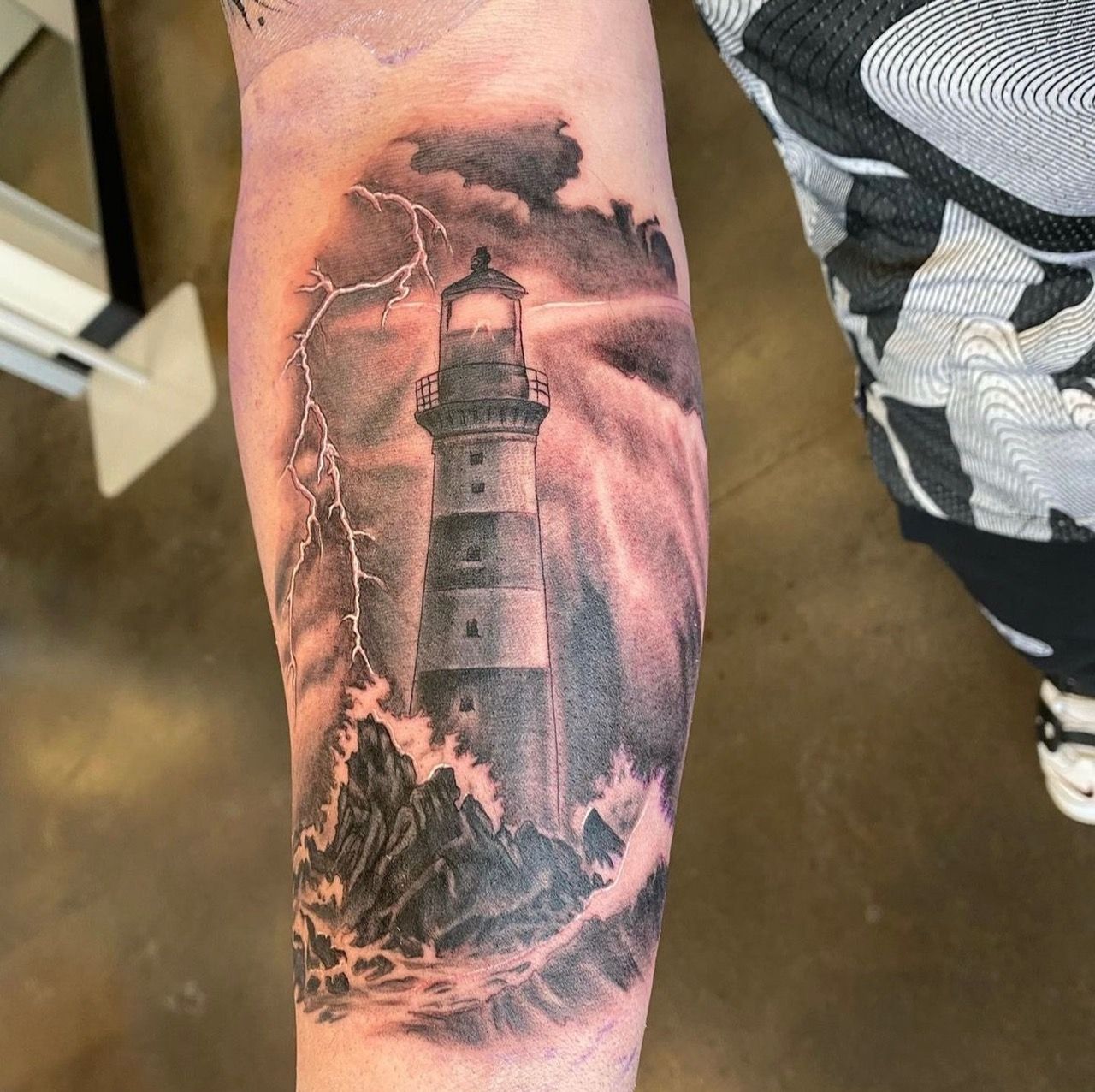 Lighthouse Tattoo by Dale Moostoos at Crimson Empire Tattoo in Edmonton Alberta Canada