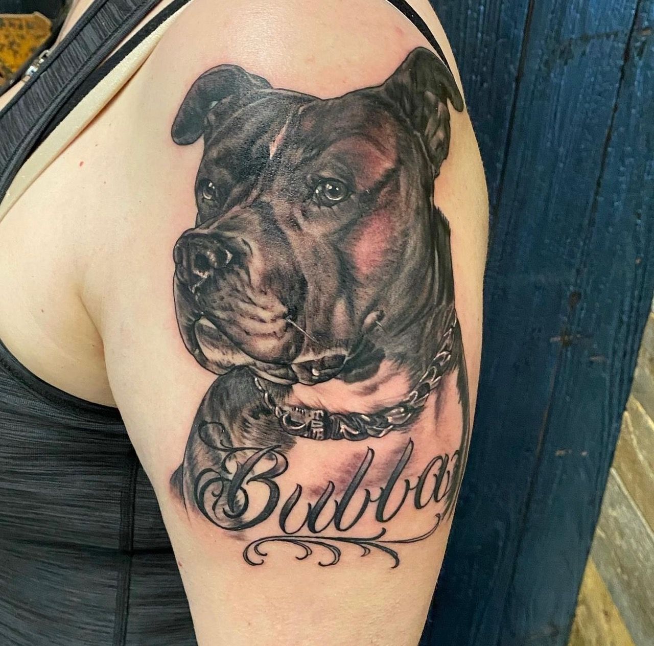 Dog Portrait Tattoo by Dale Moostoos at Crimson Empire Tattoo in Edmonton Alberta Canada