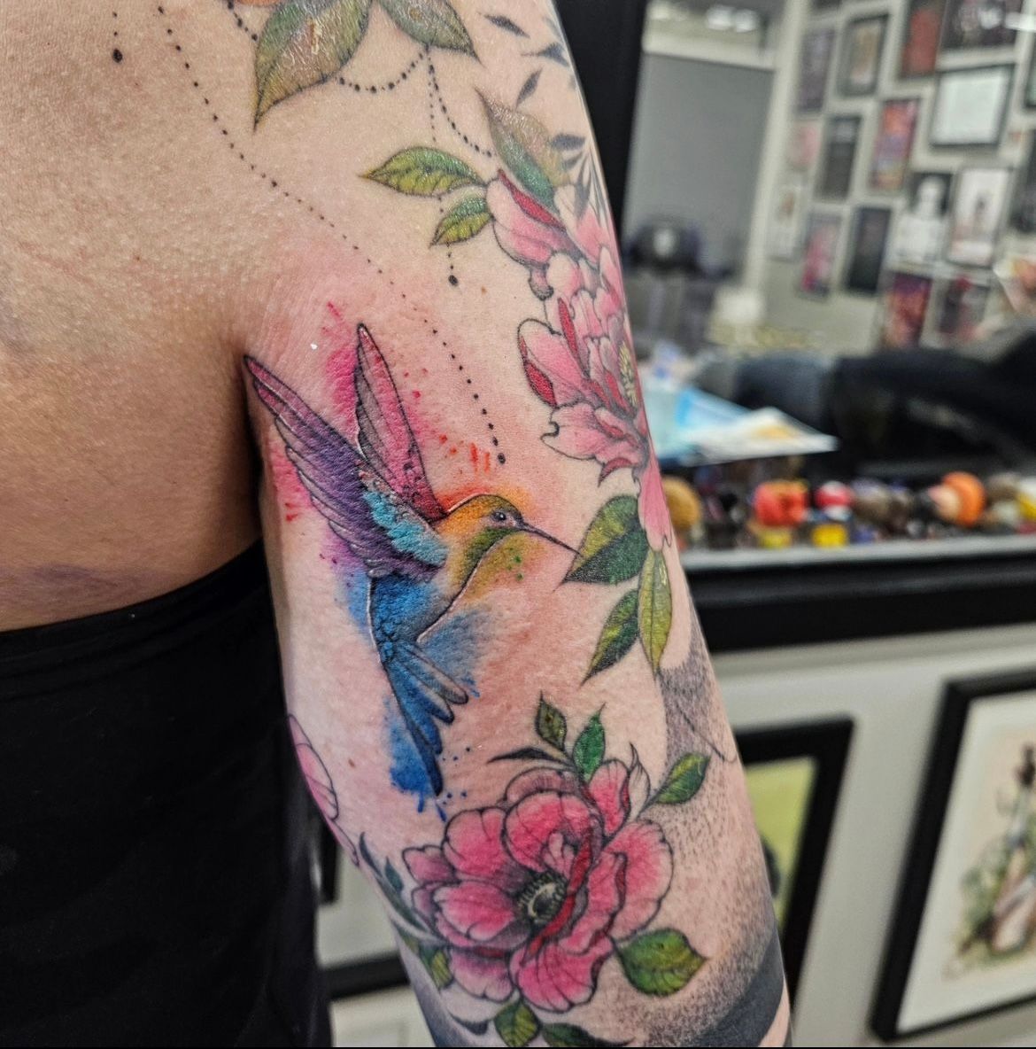 Watercolour Hummingbird Tattoo by Ian Wang at Black Gold Tattoo Co in Edmonton Alberta Canada