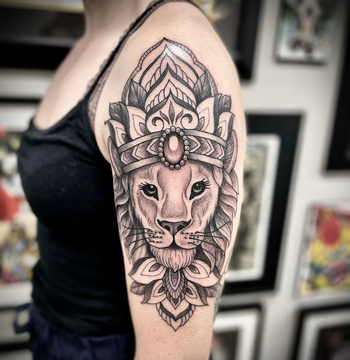 Lioness and Mandala Tattoo by Jess Alther at Black Gold Tattoo Co in Edmonton Alberta Canada