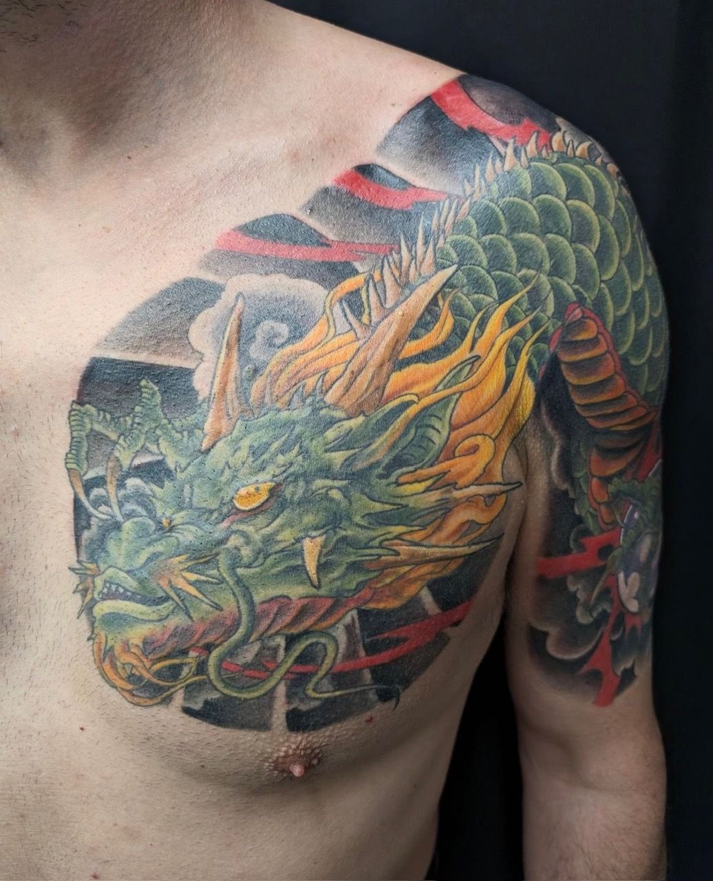 Japanese Dragon Coverup Tattoo by Kevin Sherritt at Black Gold Tattoo Co in Edmonton Alberta Canada