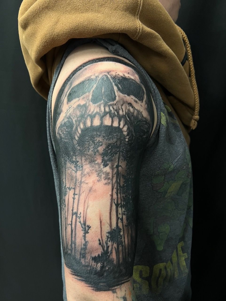 Skull and Dark Forest Tattoo by Kevin Sherritt at Black Gold Tattoo Co in Edmonton Alberta Canada