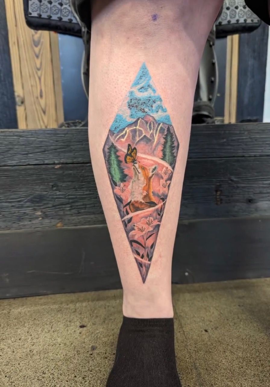Fox and Mountains Tattoo by Samantha Hnatiw at Crimson Empire Tattoo in Edmonton Alberta Canada