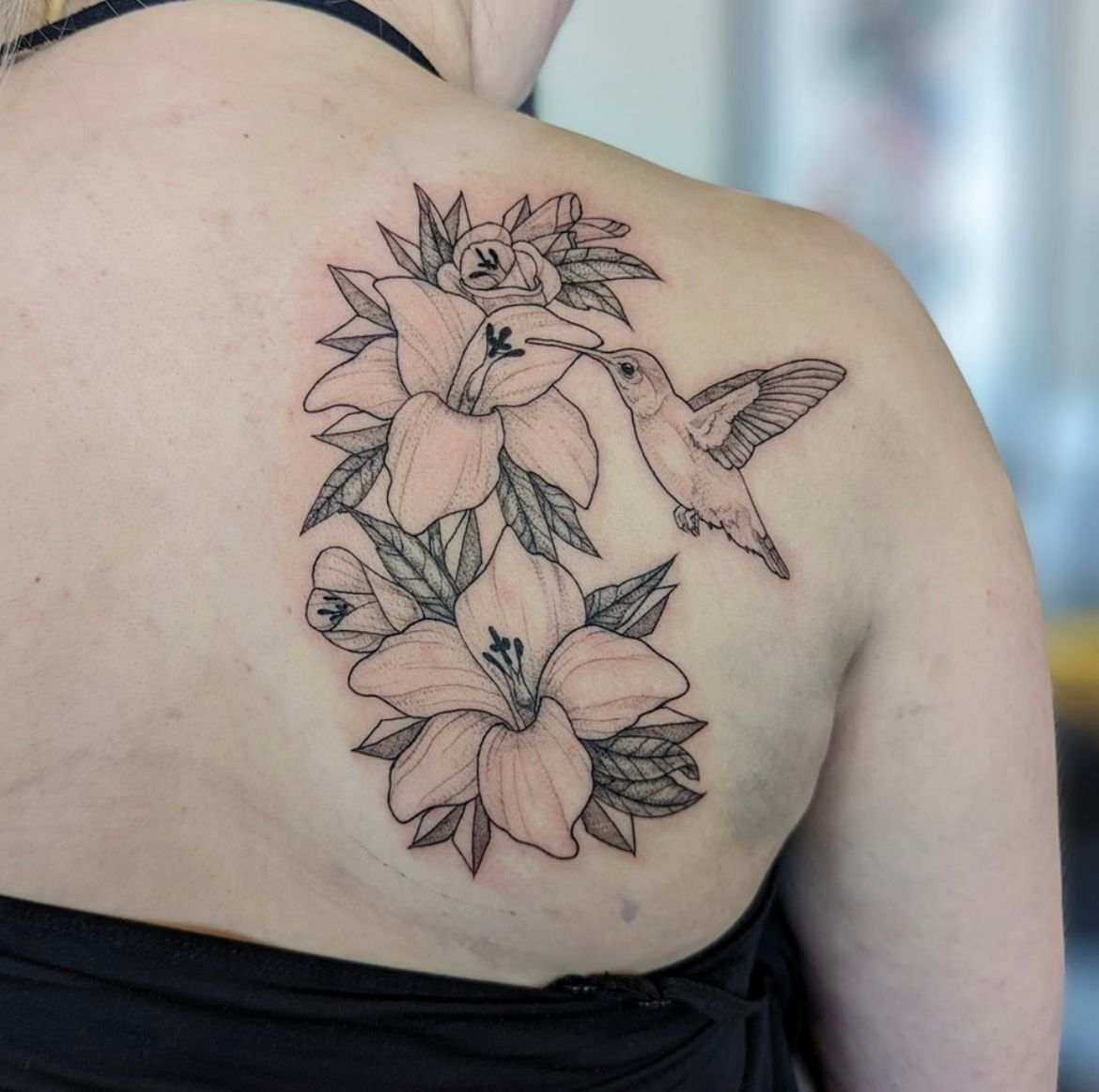 Hummingbird and Floral Tattoo by Samantha Hnatiw at Crimson Empire Tattoo in Edmonton Alberta Canada