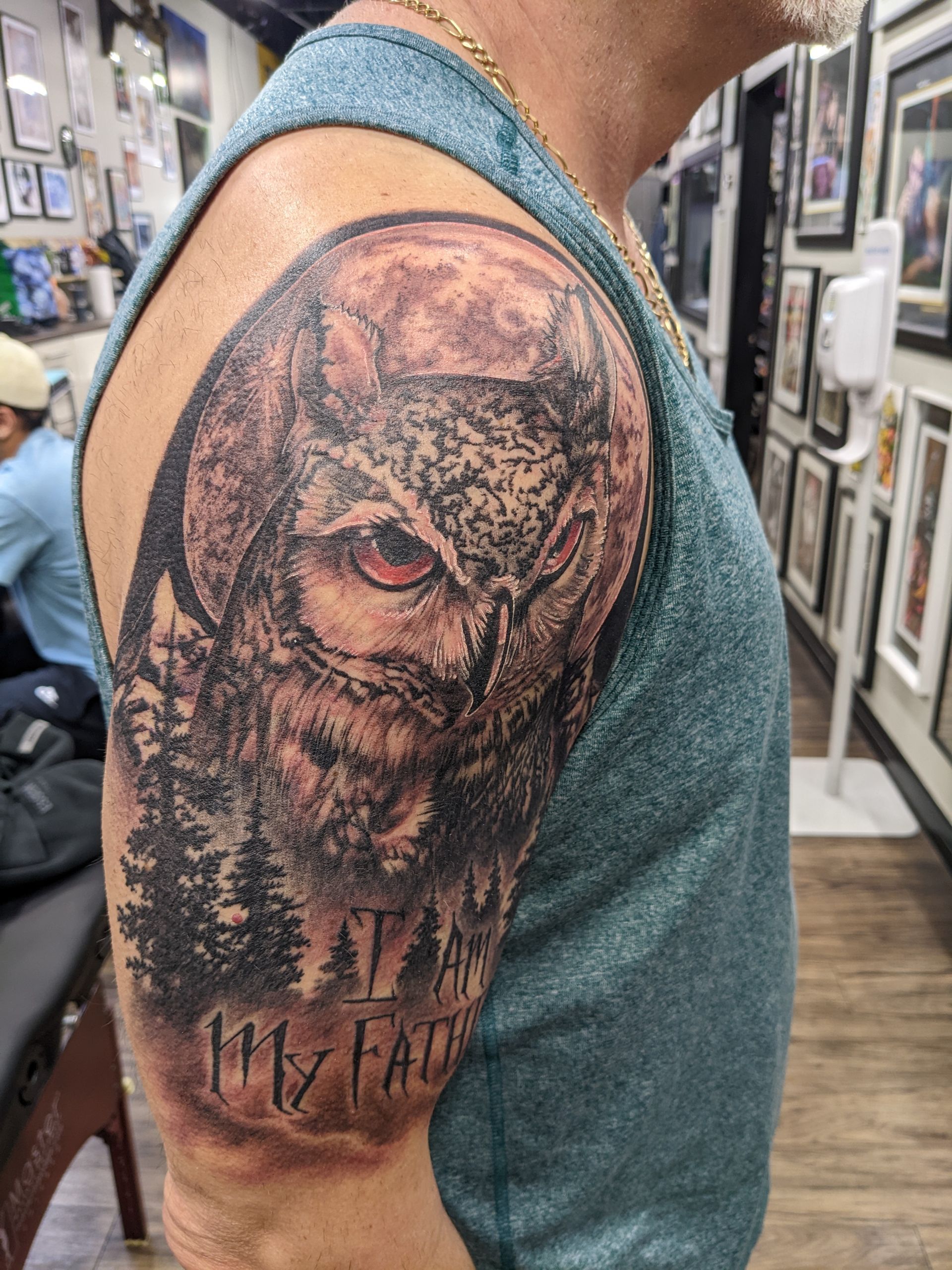 Owl Tattoo by Kevin Sherritt at Black Gold Tattoo Co in Edmonton Alberta Canada