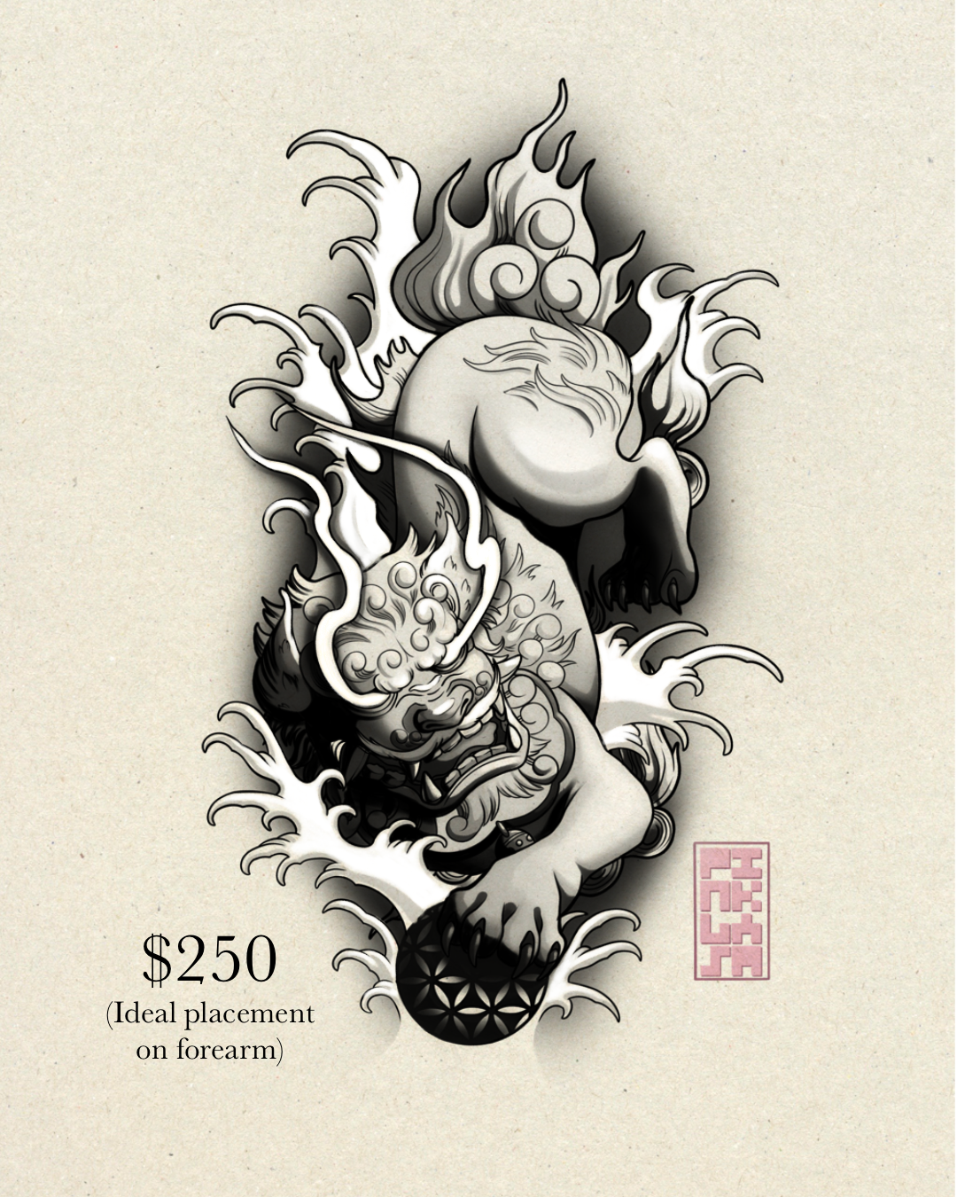 Fudog Flash Design by Fran Arceta at Crimson Empire Tattoo in Edmonton Alberta Canada