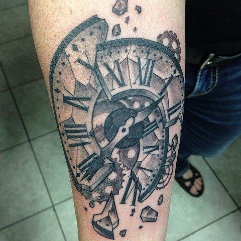 Broken Clock Tattoo by Trevor Pelletier at Black Gold Tattoo Co in Edmonton Alberta Canada