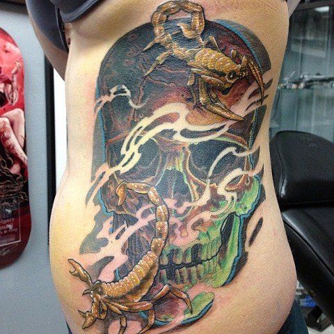 Skull and Scorpions Tattoo by Trevor Pelletier at Black Gold Tattoo Co in Edmonton Alberta Canada